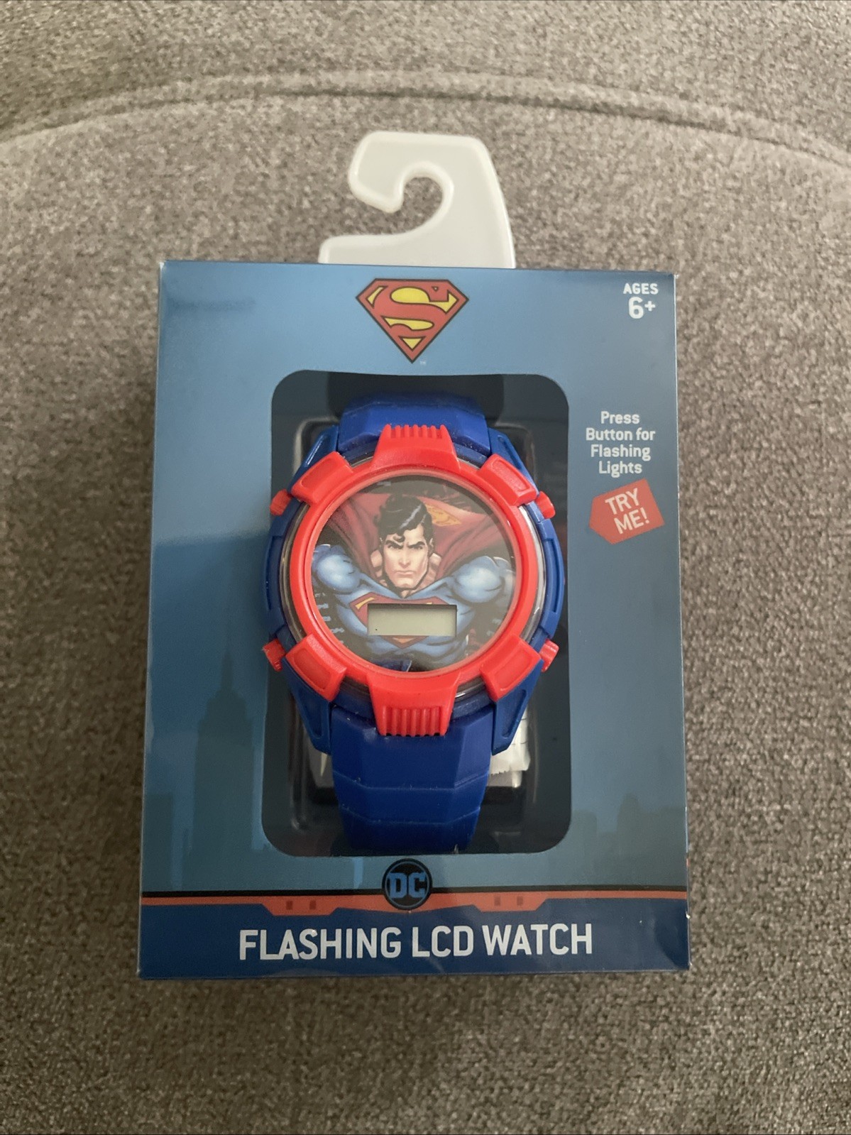 Superman LCD Kids Digital Watch Flashing Lights Blue Band DC Heroes New