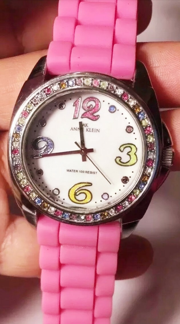 Anne Klein Watch 10/9293 White Face Pink Rubber Band Multicolor Crystal Silver