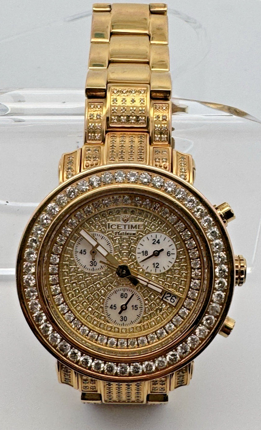 ICETIME Ladies Wrist Watch Gold Icetime Platinum Diamond 37mm Case