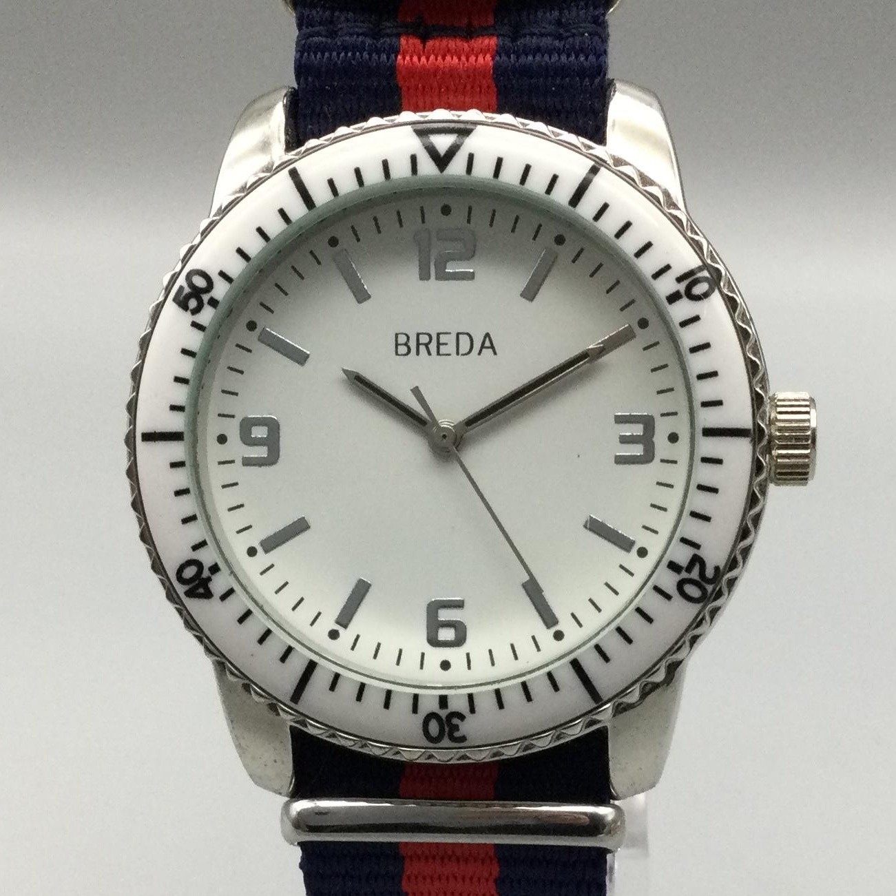 Breda Mens Watch 41mm White Dial Silver Tone Navy Red Nylon 8145 New Battery