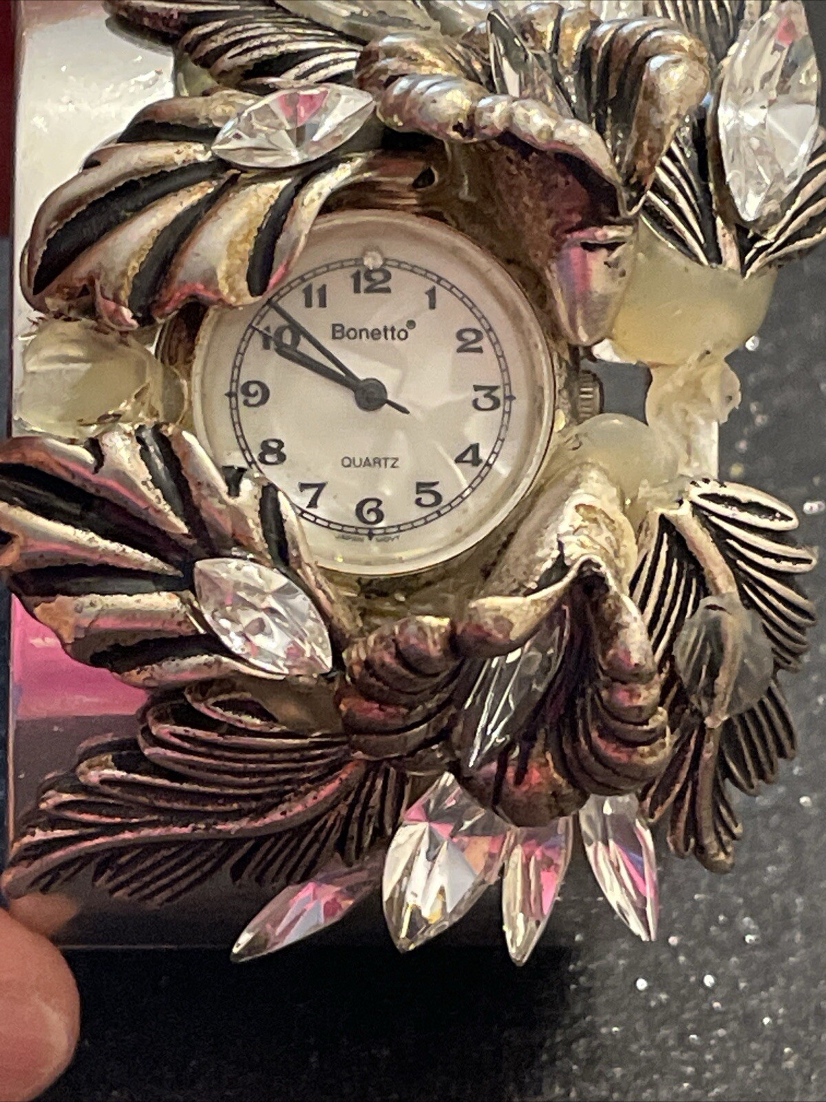 Vintage Bonetto Flower & Crystal Shiny Silver Hinge Cuff Watch