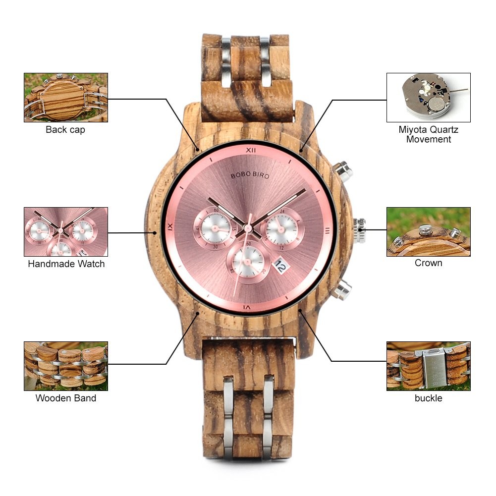 BOBO BIRD Womens Wooden Watch Lightweight Quartz Analog Date Display Fashion