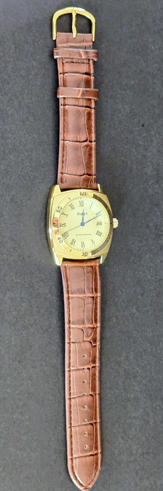 Stauer Timemaster Watch – No. 30021 – Gold-Tone Dial & Brown Leather Strap – NIB
