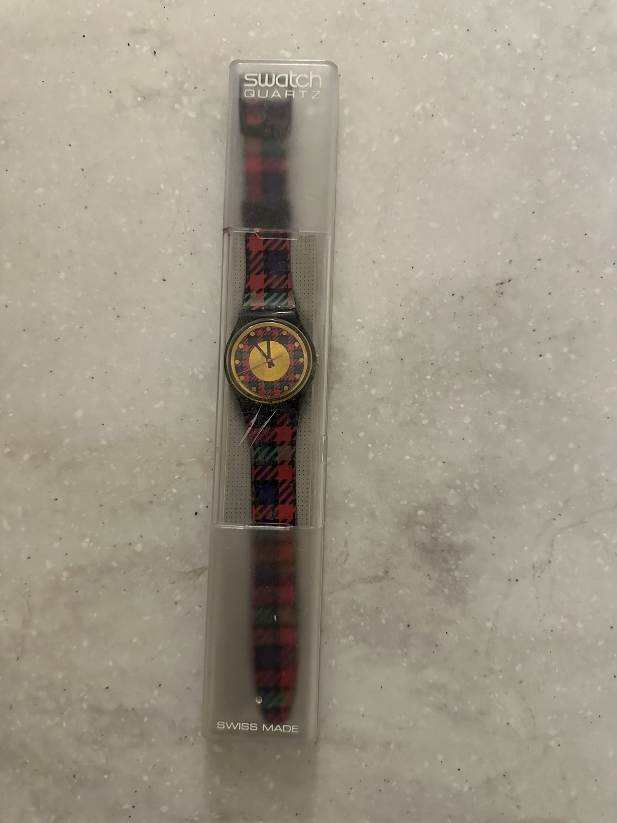 Vintage Swatch Quartz Watch Plaid Tartan Fabric Band Gold Bezel Swiss Made NIB