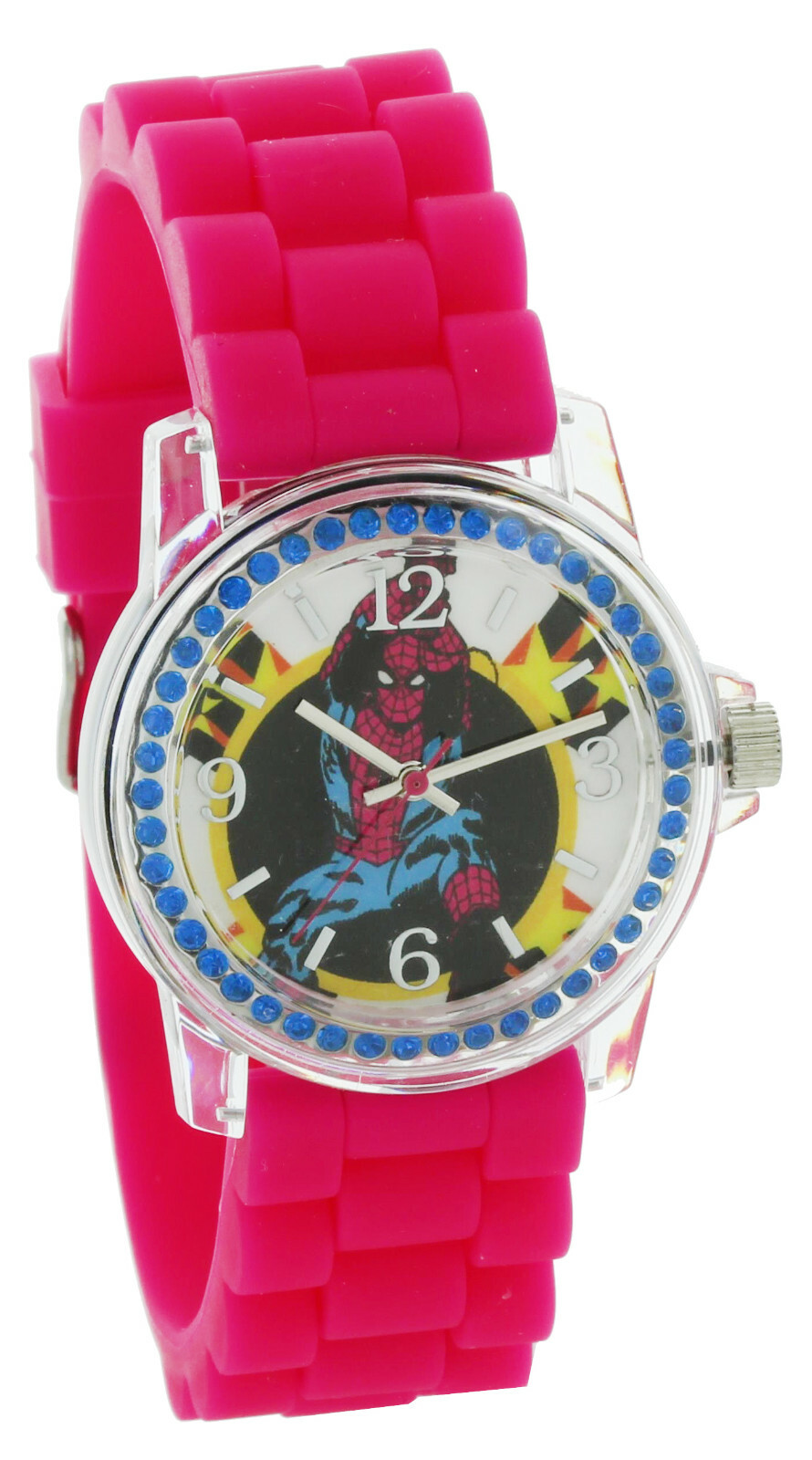 Marvel Comics Avengers spider Man Watch pink Silicone Band clear case With Stone