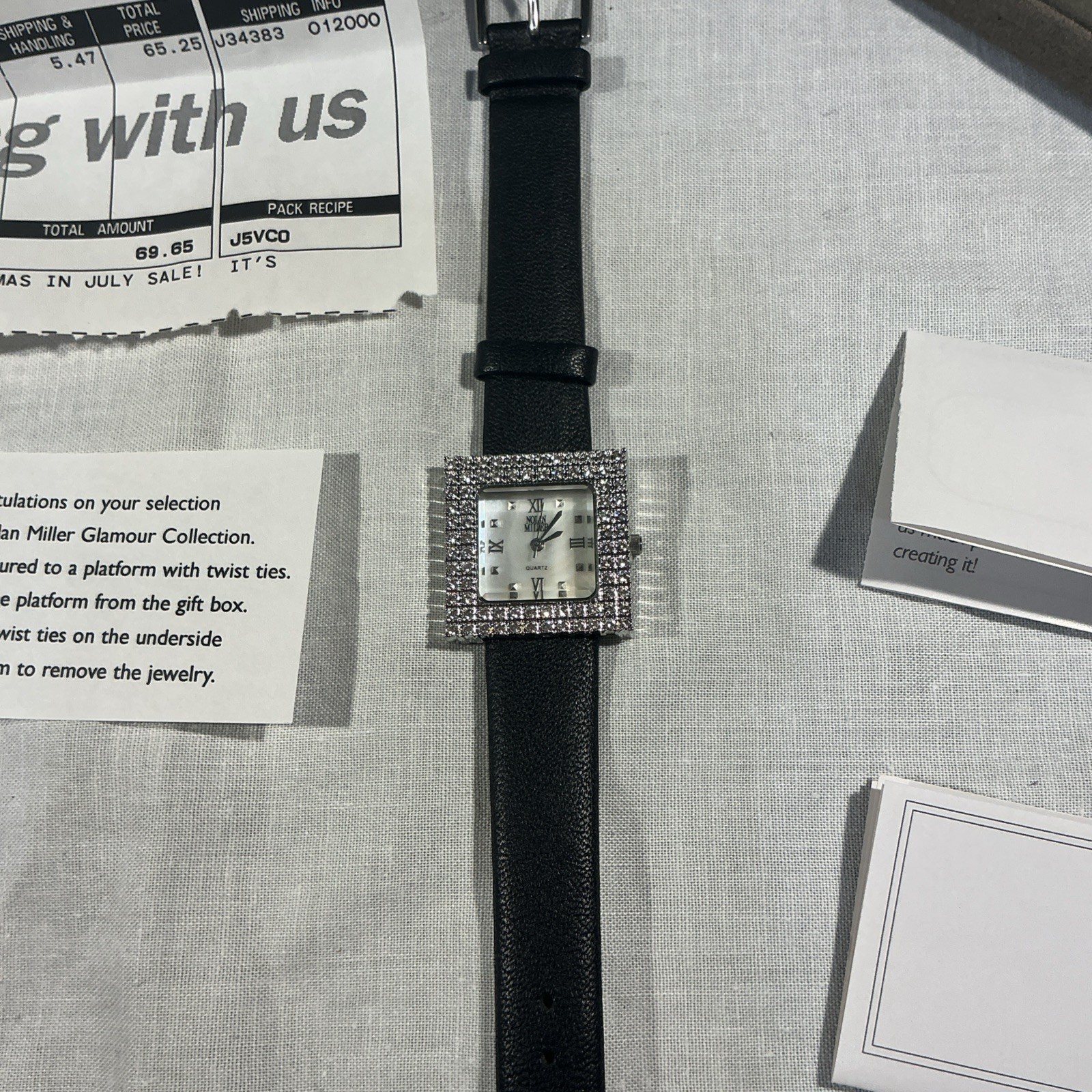 Nolan Miller ‘s QVC Expressive Pave Crystal Rhinestone Watch Black Strap MOP