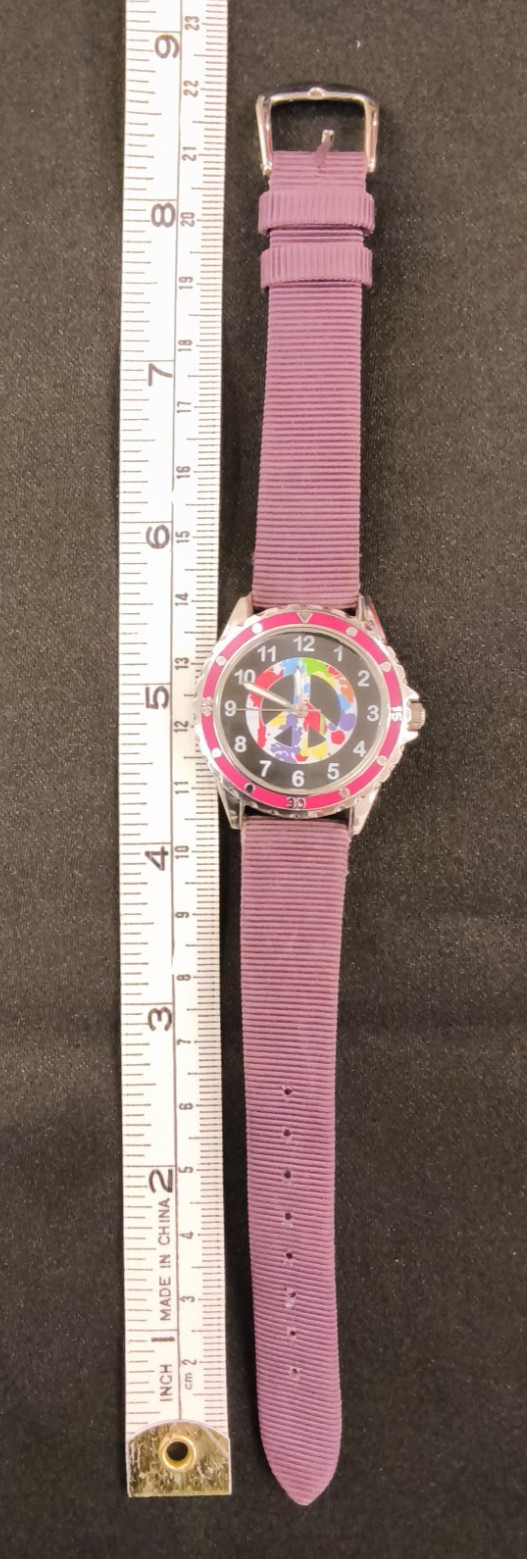 Accutime Silver/Pink Round Peace Sign Black Face Purple Unisex Watch Band #W5175