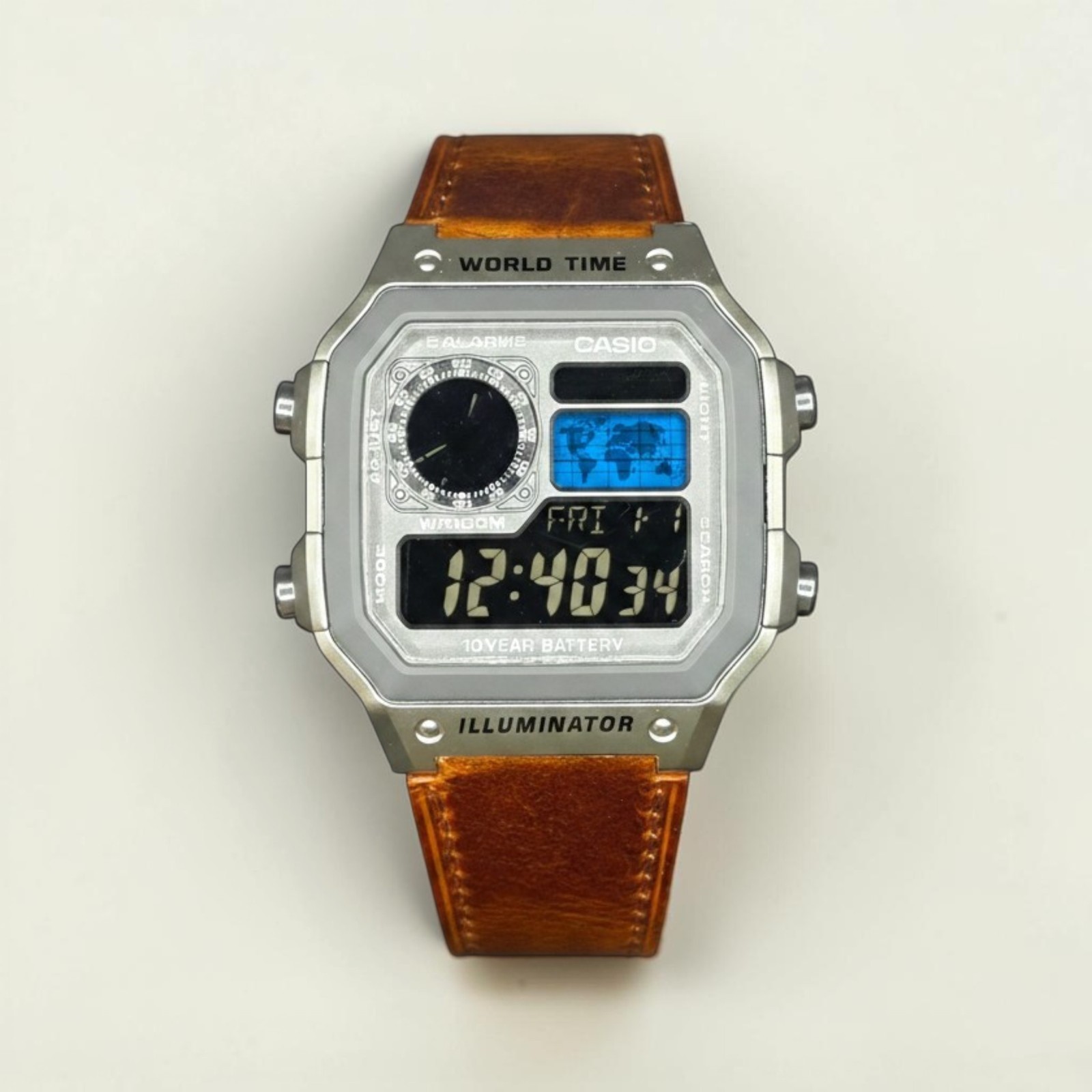 Silver CASIO AE-1200WHD. Royale Watch Mod. Negative Display. Blue World Map