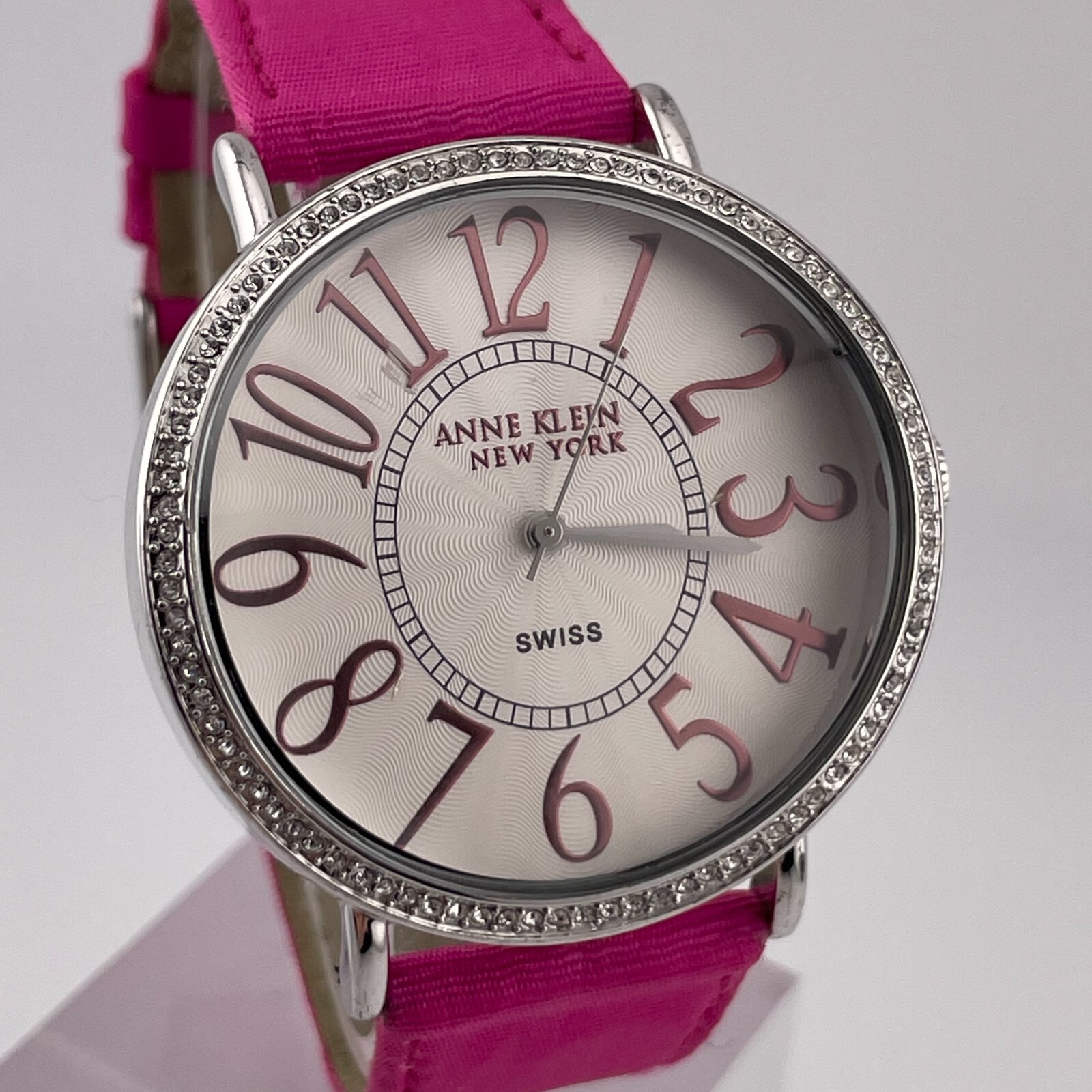 Anne Klein Watch New York Womens 40mm Case Pink Leather Nylon Band Quartz