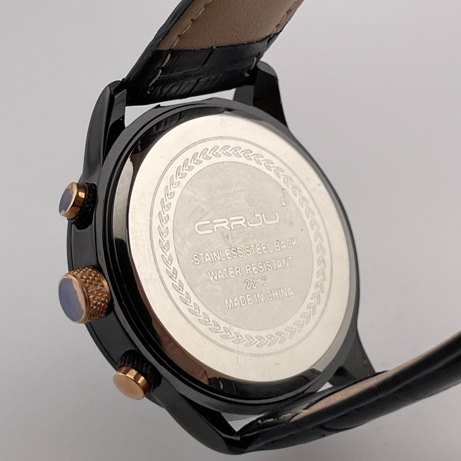 CRRJU Watch Mens Chronograph 24H Date 43mm Case Black Leather Band Quartz
