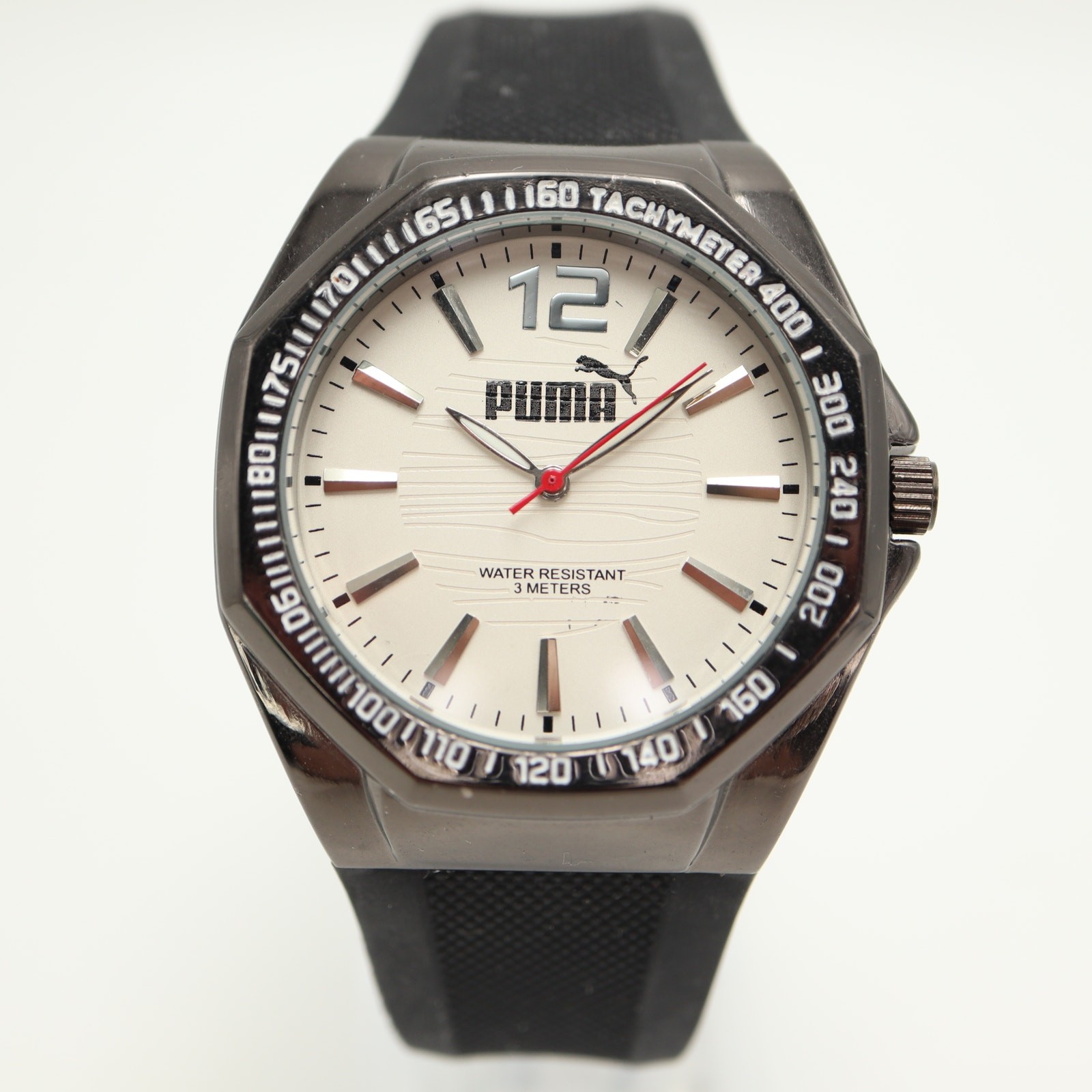 Puma Men’s Black Sport Analog 44mm Watch White Dial Silicone Strap w New Battery