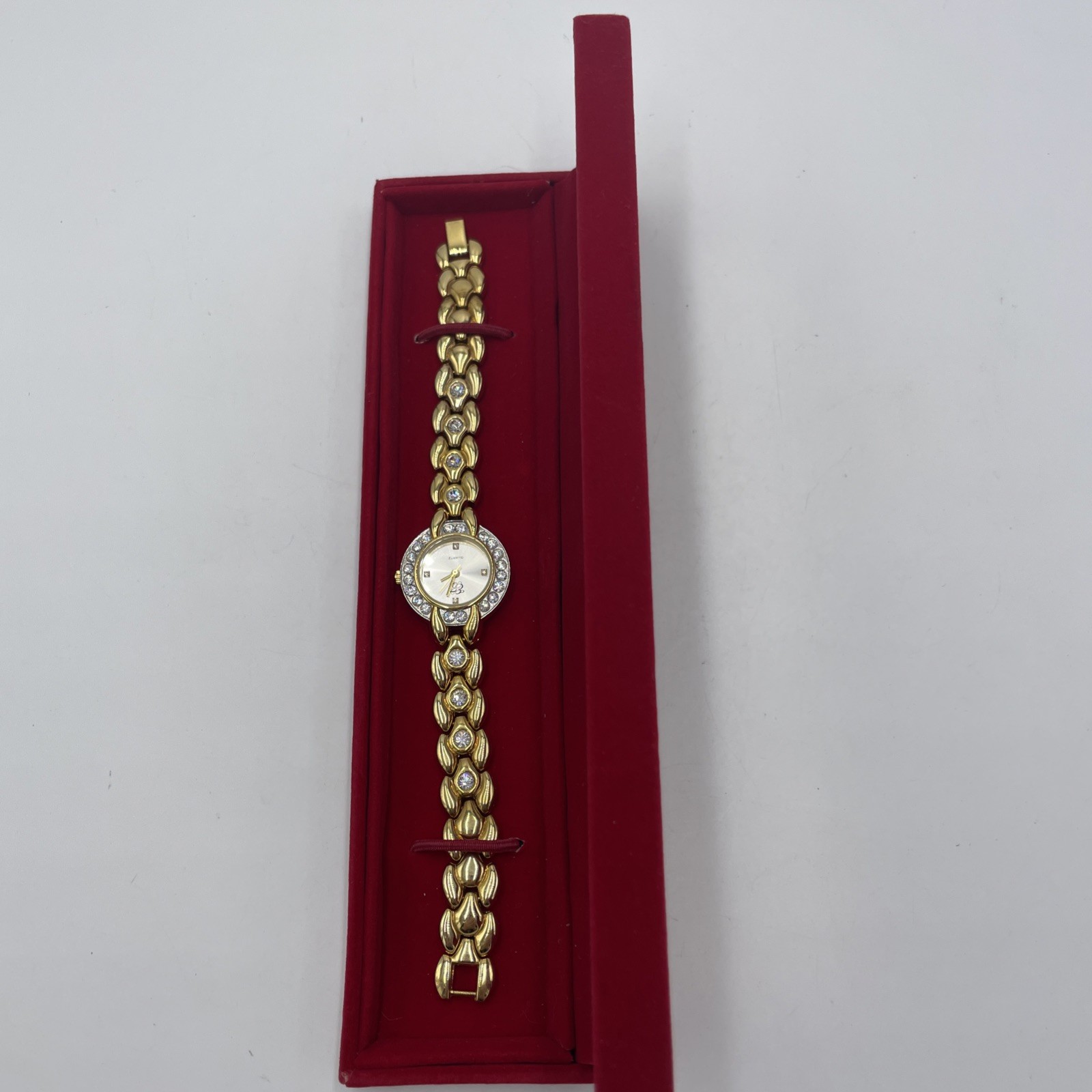EJ Watch Gold Tone Rhinestones Japan Movement SS Back Base Metal Bezel Box READ