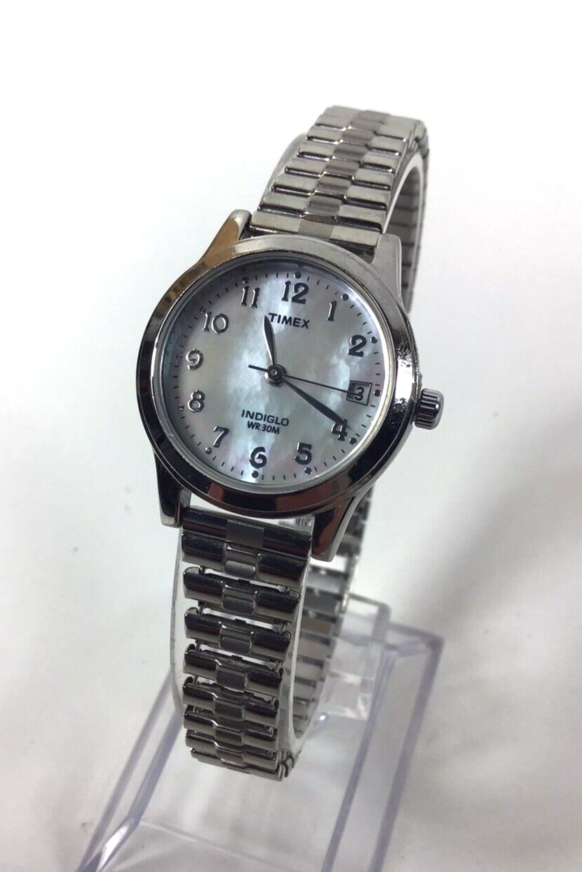 Timex Women’s Indiglo Silver Tone Quartz MOP Dial Watch T2M826 New Battery!
