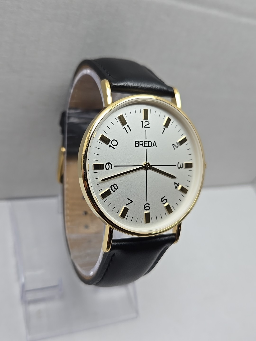 Breda Gold White Dial Quartz Unisex Watch Black Leather Strap New Battery Dallas