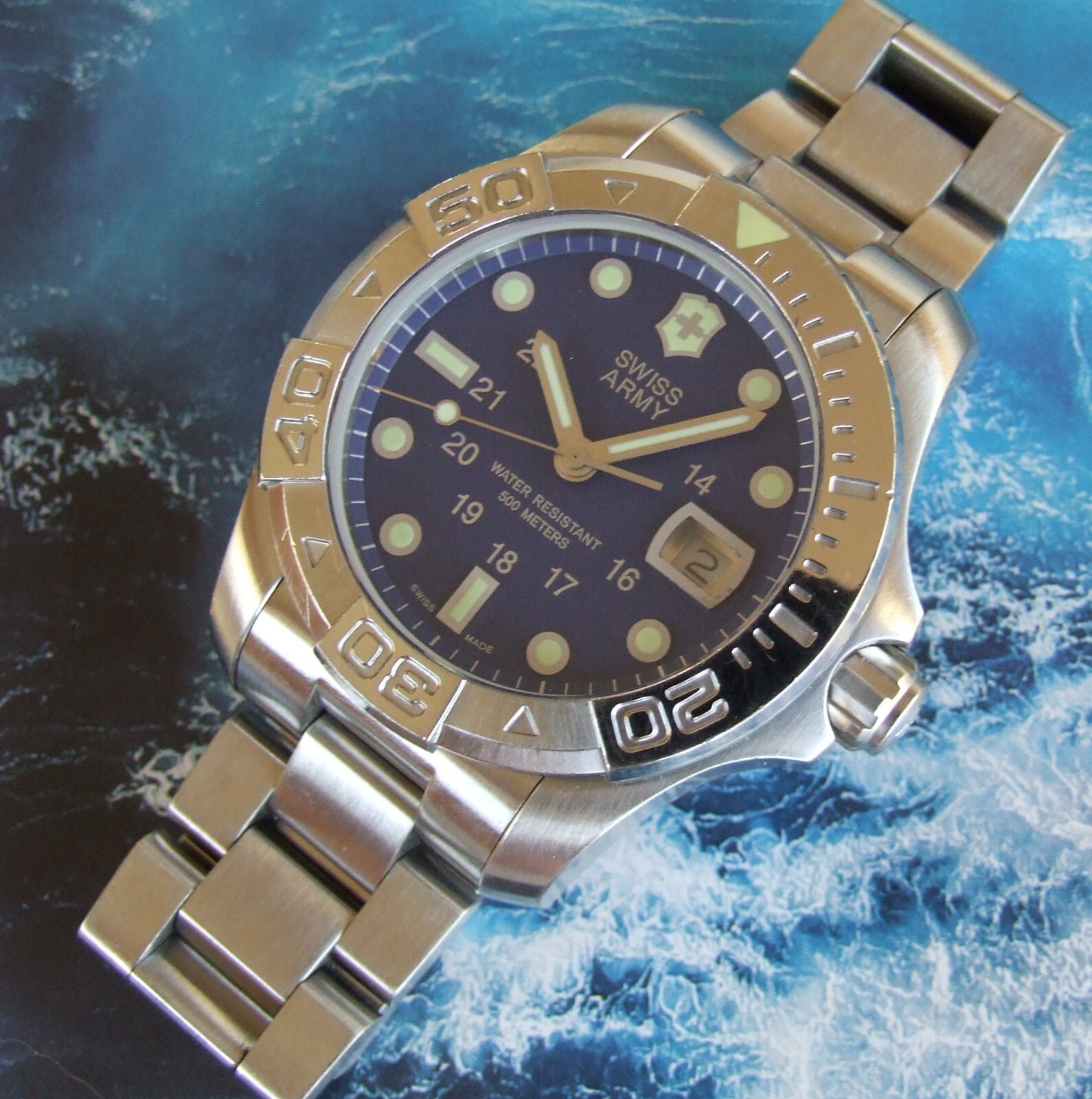 SWISS ARMY Men DIVE MASTER 500~BLUE Dial~43mm~SS BRACELET+New Leather Strap~NICE