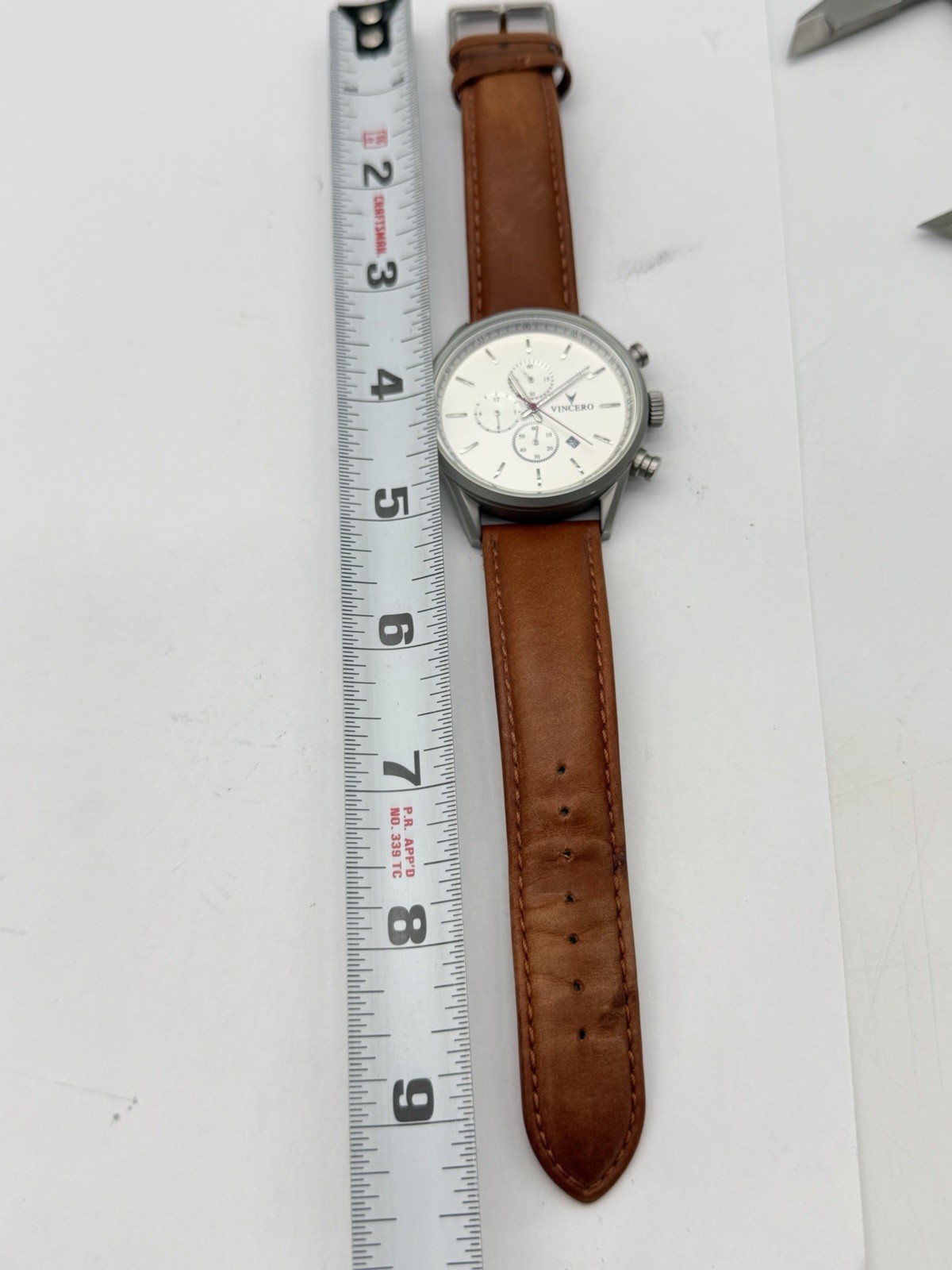 Vincero Chrono S Chronograph Quartz White Dial Brown Leather Strap New Battery