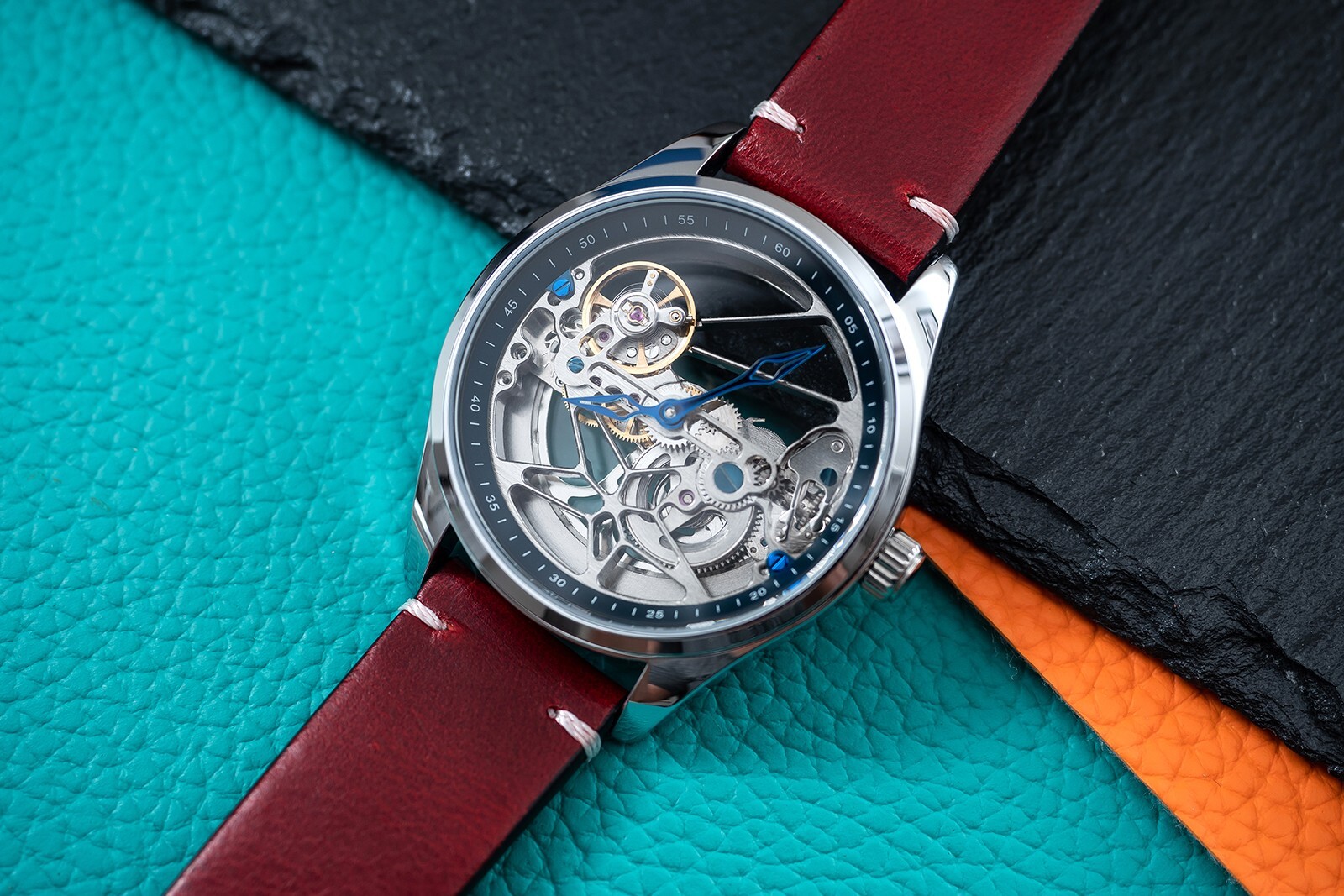 Mens Automatic Mechanical Watch Silver Red Oil Waxed Vintage Style Leather