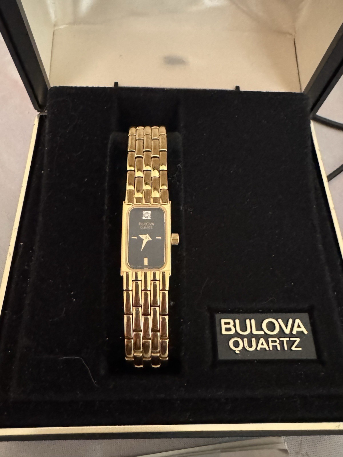 Vintage 1998 Bulova Ladies Quartz Tank Watch P8 Gold Tone – Box & Manual – As-is