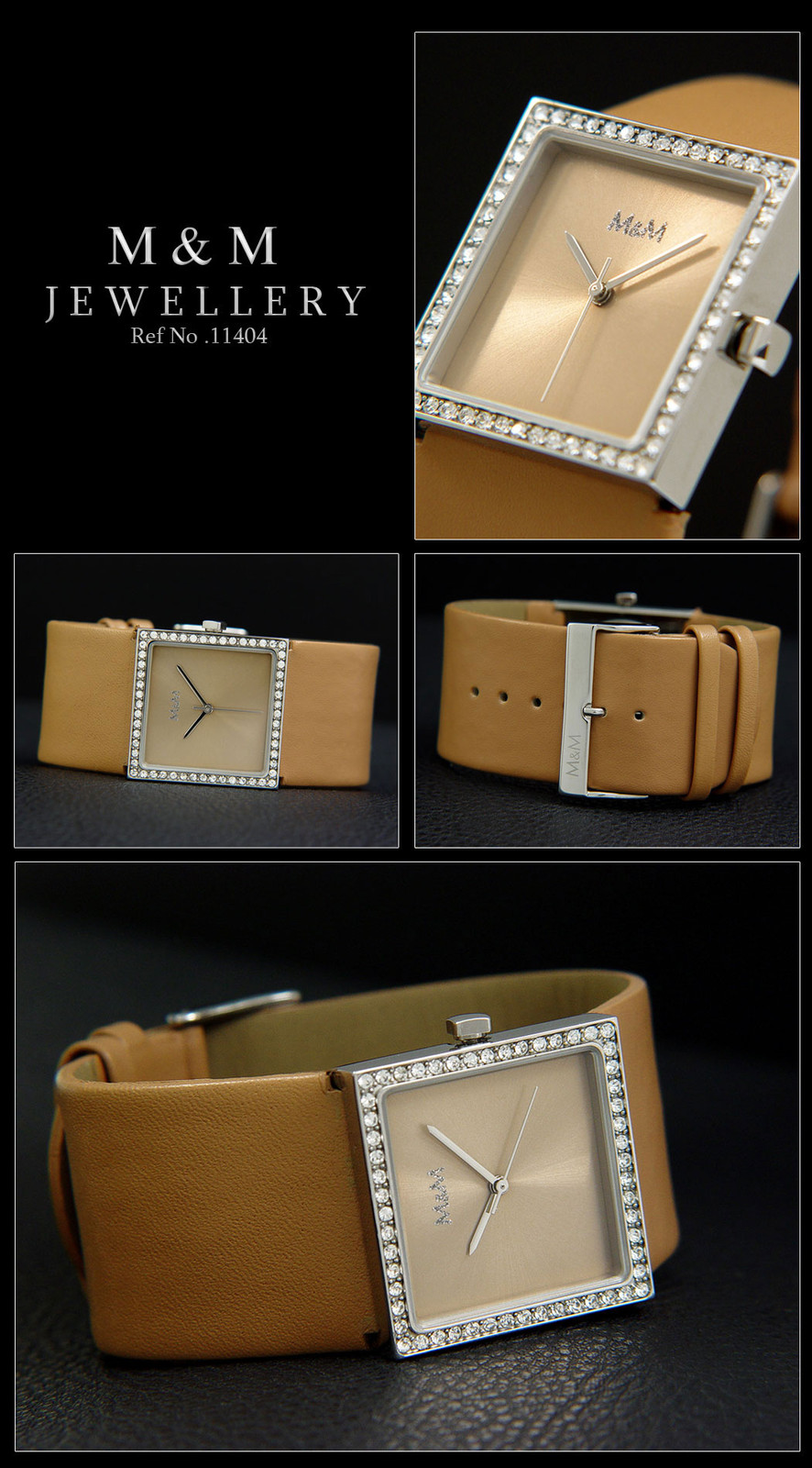 Watch Light Brown with Zirconia M&M Stainless Steel M11404-689 Square Elegant