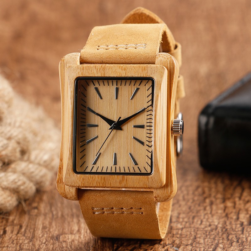 Natural Wooden Watch Handmade Wood Soft Leather Strap Bamboo Quartz Watches Gift