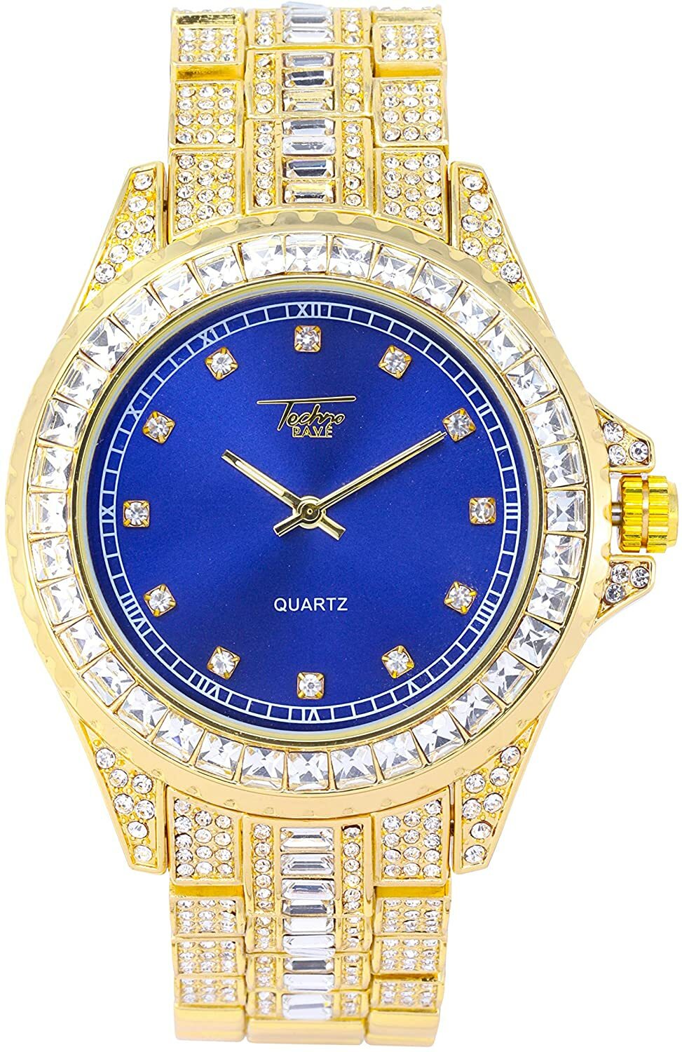 Fully Iced Watch Bling Rapper Lab Diamond Stone Metal Band Gold Hip Luxury Blue