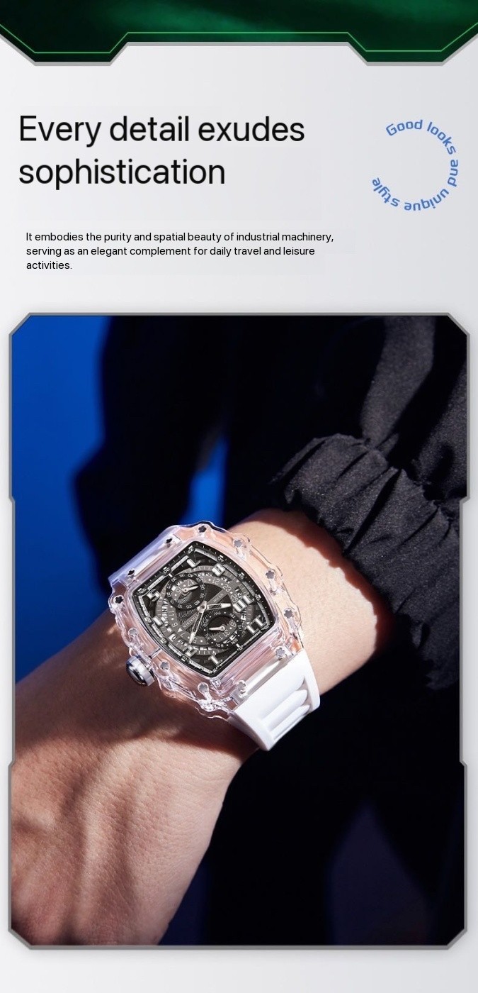 Fashion Luxury Barrel Shape Skeleton Watch Men’s Quartz Sport Watch Rubber Band