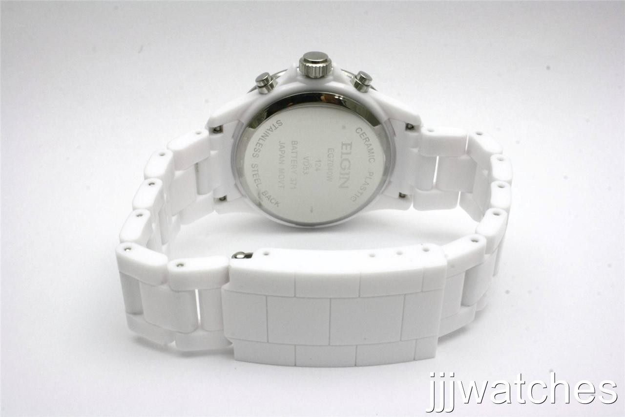 New Elgin Chrono White Acrylic band Pearl Dial Date Women Watch 40mm EG7040W