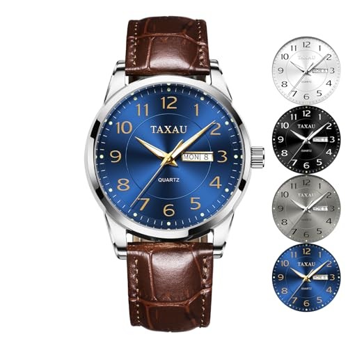 Men Dress Watch Waterproof Leather Watches for Men with Day Date 8405-Blue