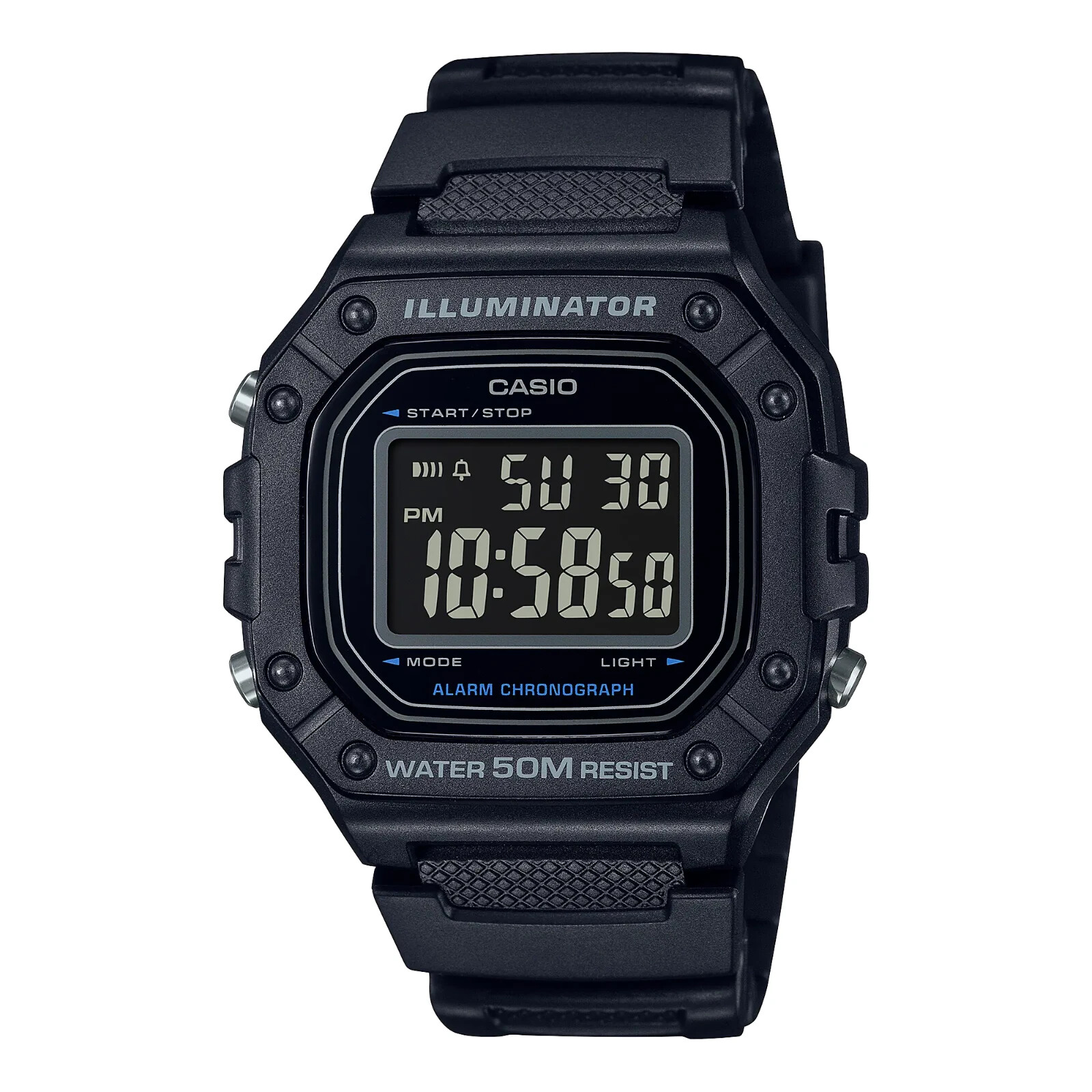 Casio W218H-1BV, 50 Meter WR Chronograph Watch, Alarm, Black Resin, Illuminator