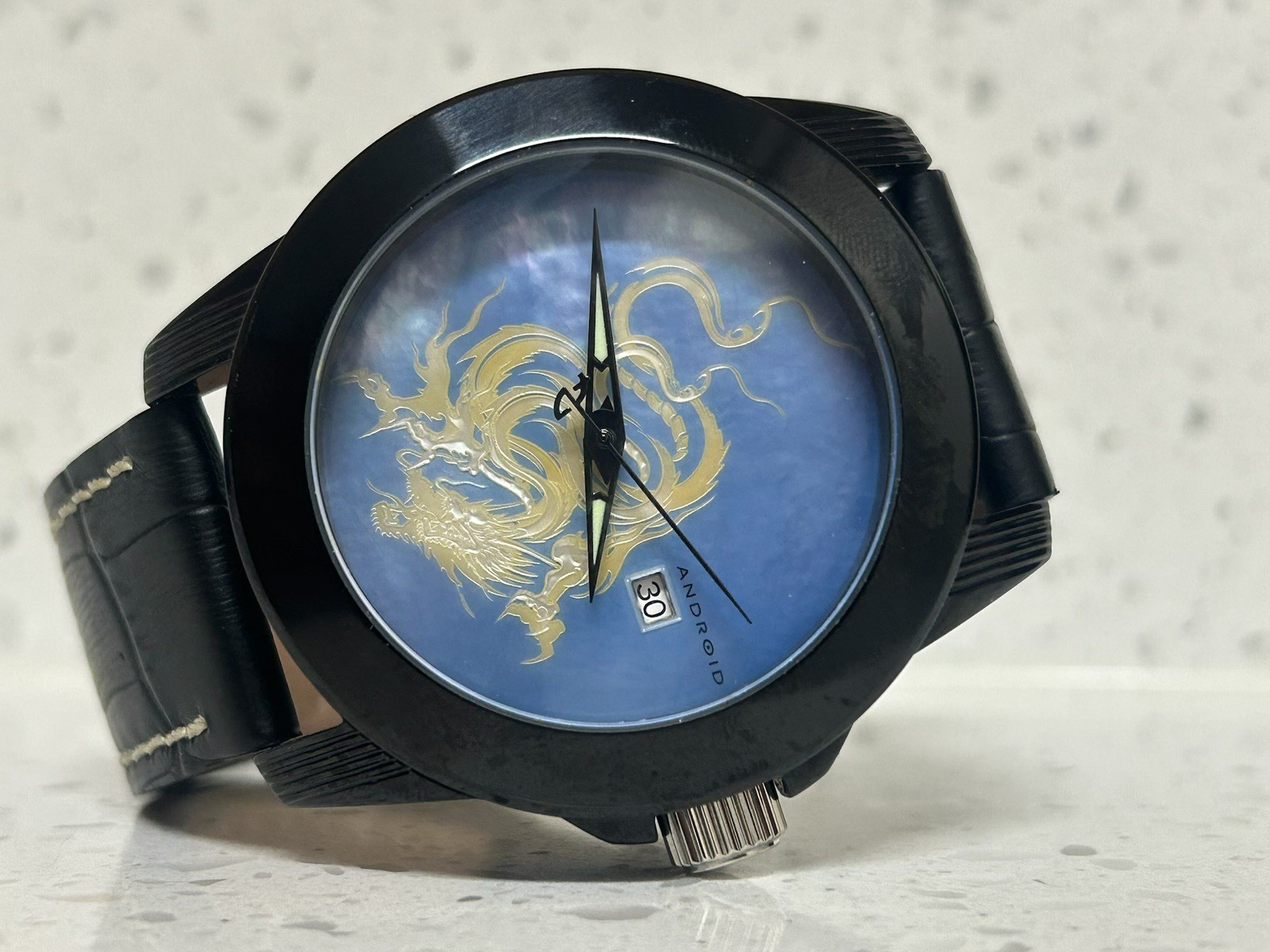 Android USA AD736 48mm 3D Flying Dragon Blue MOP Automatic Watch Black PVD