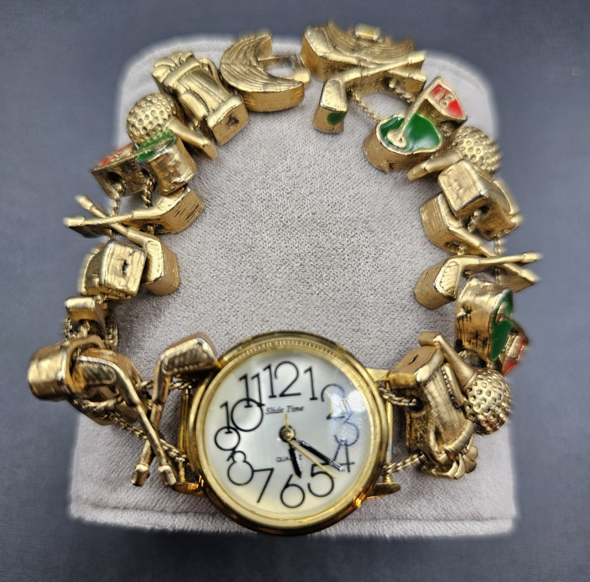 Vintage Ladies Slide Charm Bracelet Watch Golf Edition Gold Tone Jewelry