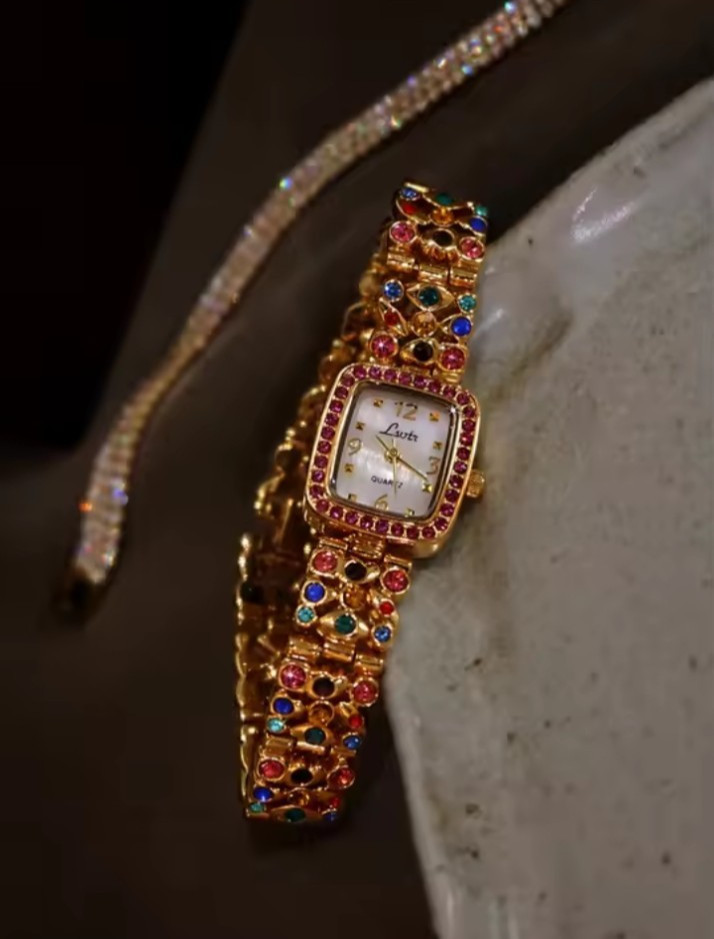 Women’s Luxury Colorful Rhinestone Square Quartz Watch Gold Bracelet Wristwatch