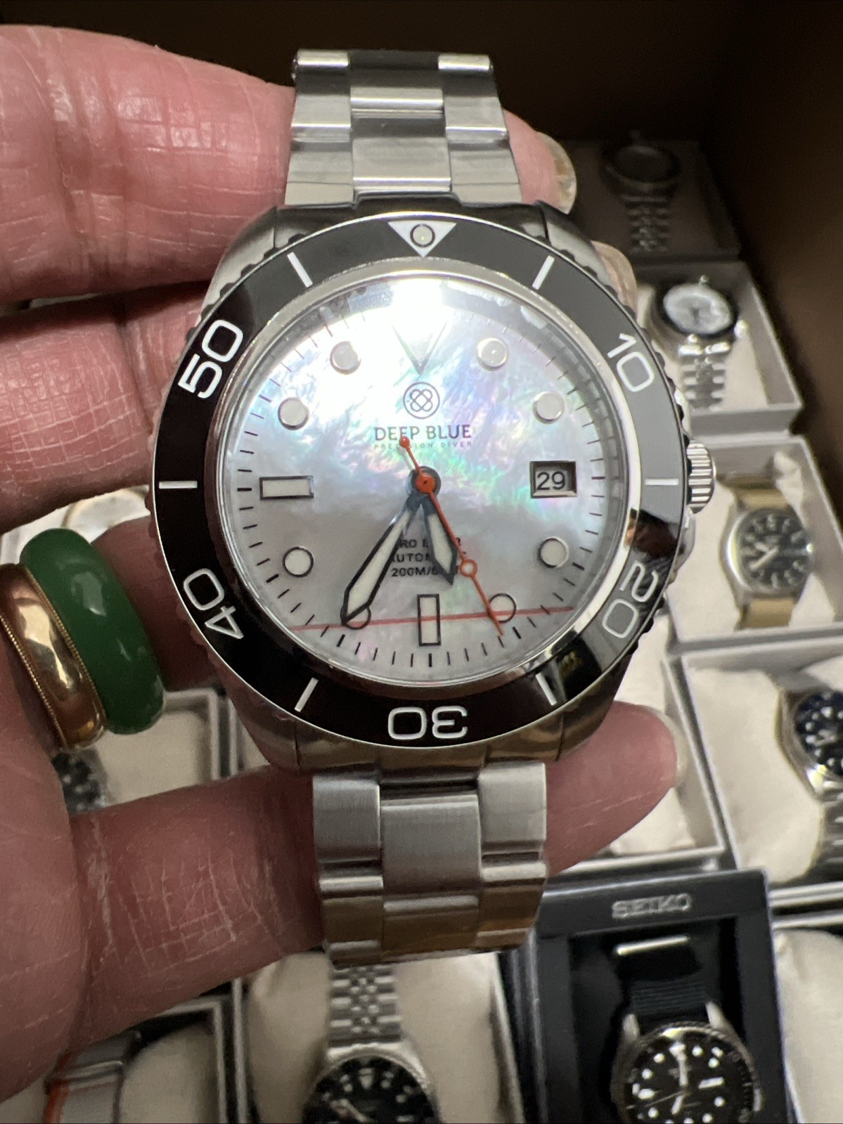 PRO DIVER 200🔥WHITE MOTHER OF PEARL DIAL 42.5MM AUTOMATIC-DIVE 💰WATCH