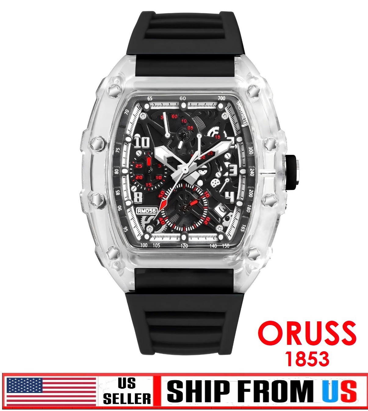 ORUSS 1853 RM-056 MENS BLACK & CLEAR SKELETON DIAL 43.5MM QUARTZ WATCH NWT