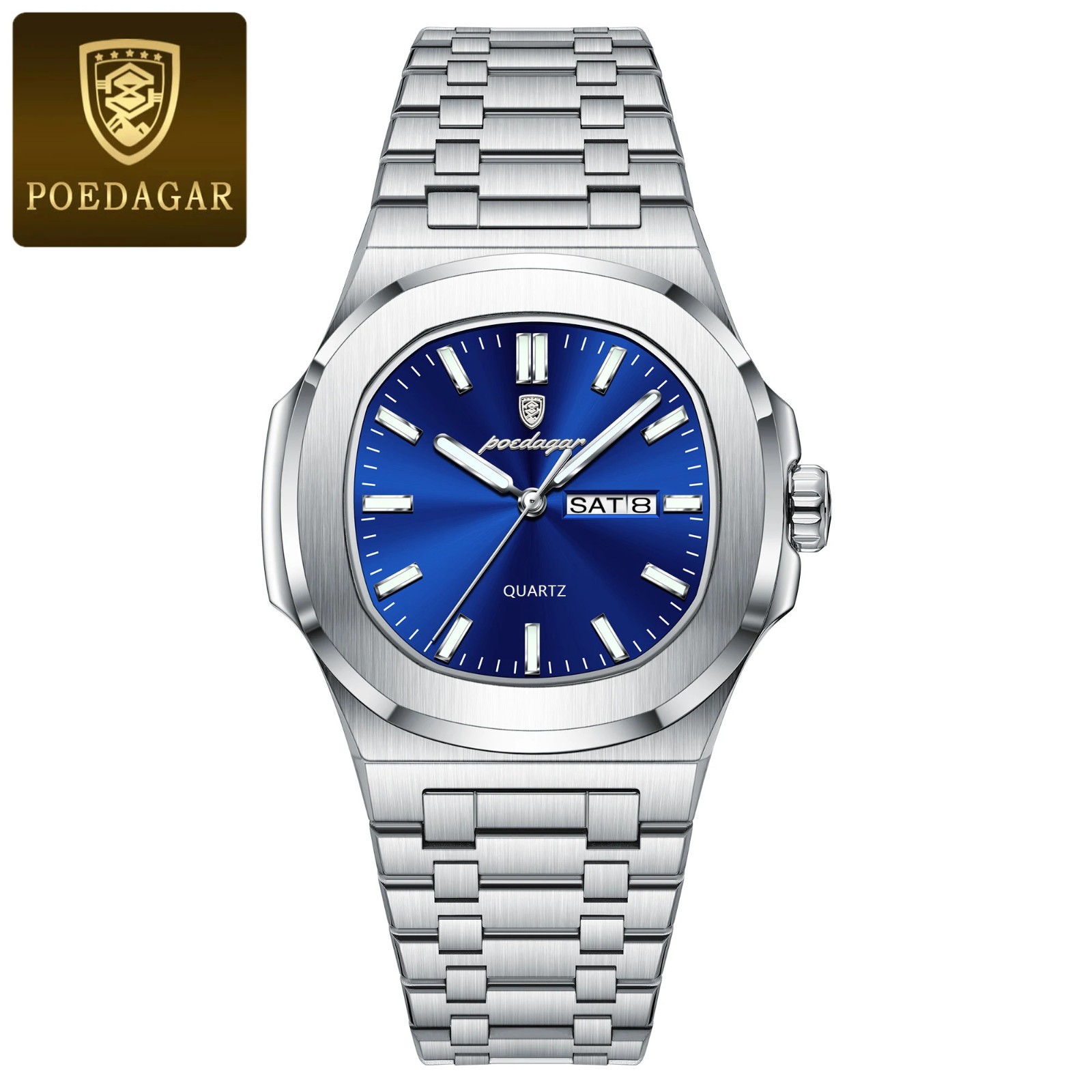 POEDAGAR Women’s Square Quartz Wristwatch Stainless Steel Luminous Week Date