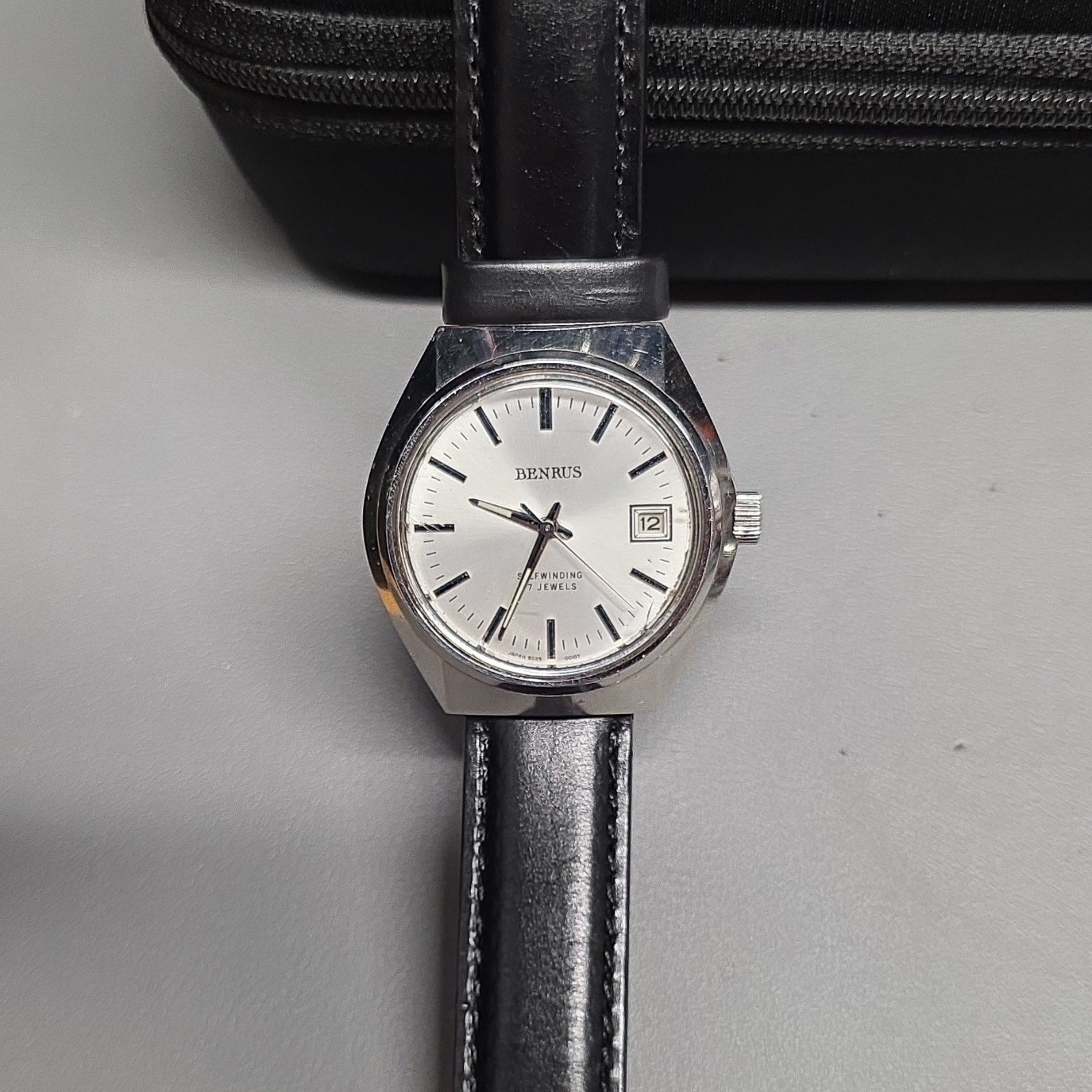 Benrus Classic Analog 17 Jewels Date Silver Dial Stainless Steel Black Leather