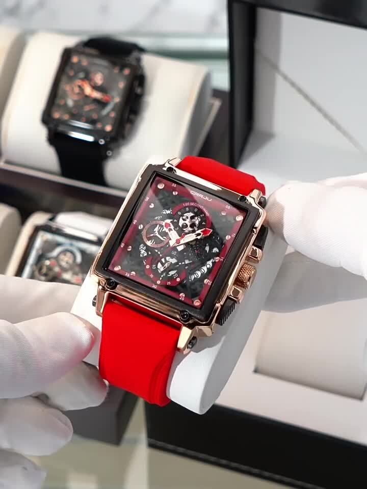 CRRJU Men Watch Luxury Brand Wristwatch Red Strap Male Rectangle Sport Watches