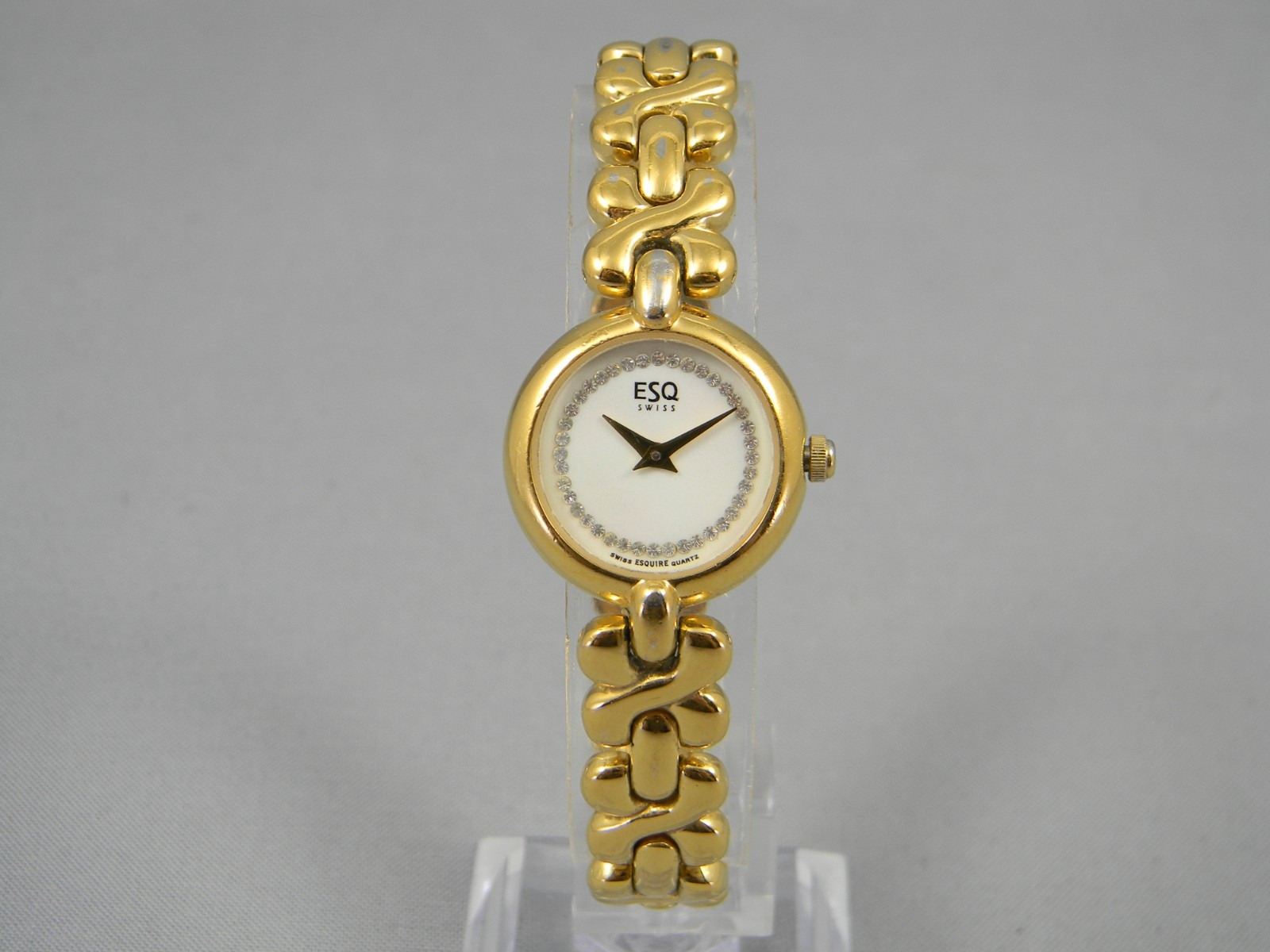 ESQ Swiss Watch Women 4 Jewel 23mm Gold Tone Clasp Band New Battery 6.75″