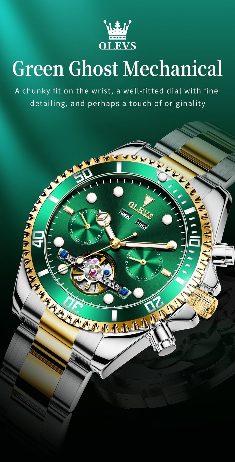 OLEVS 6605 Big Dial Skeleton Hollow Date Week Gents Business Automatic Watch