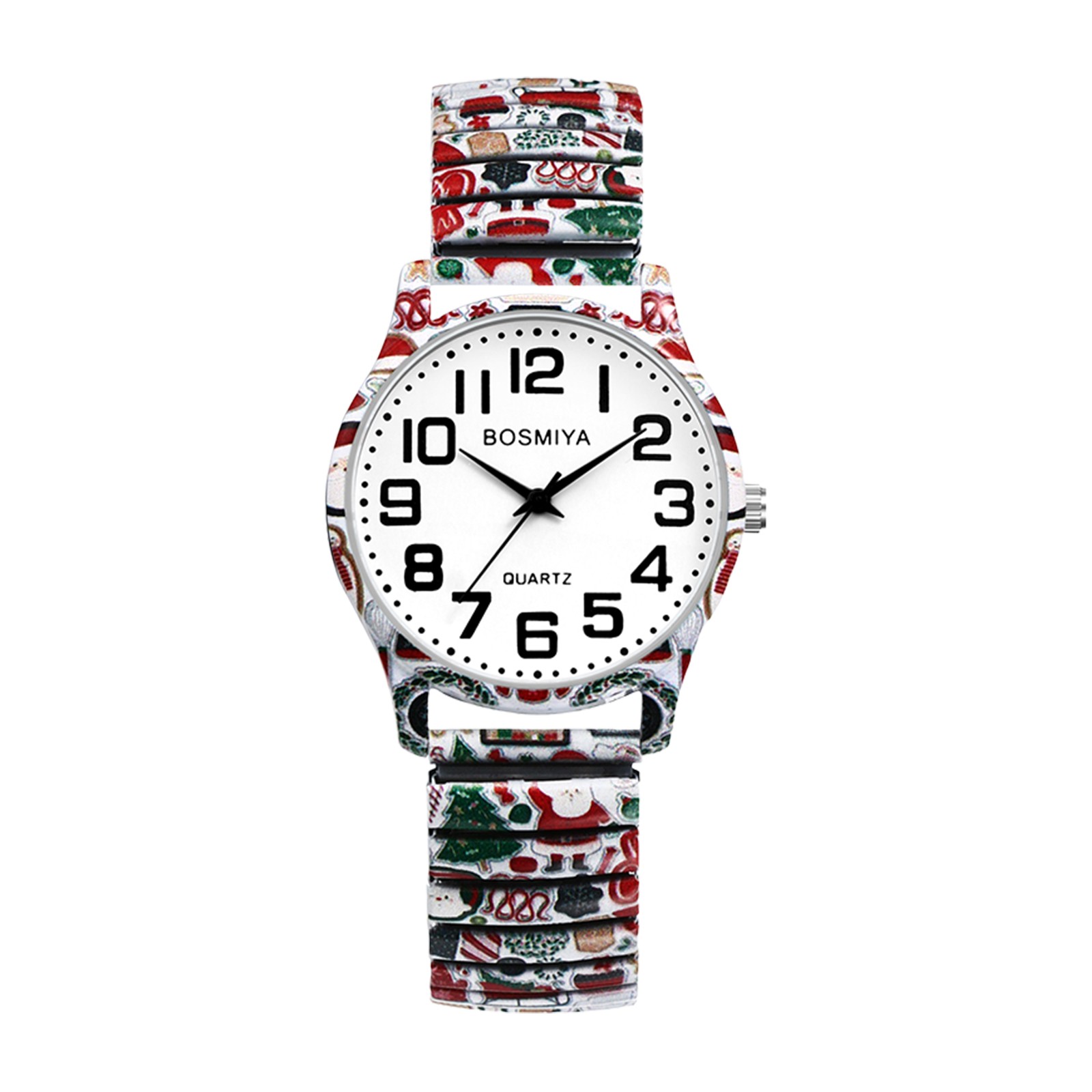 Men Women Christmas Printed Easy-to-Read Elastic Strap Analog Quartz Wrist Watch