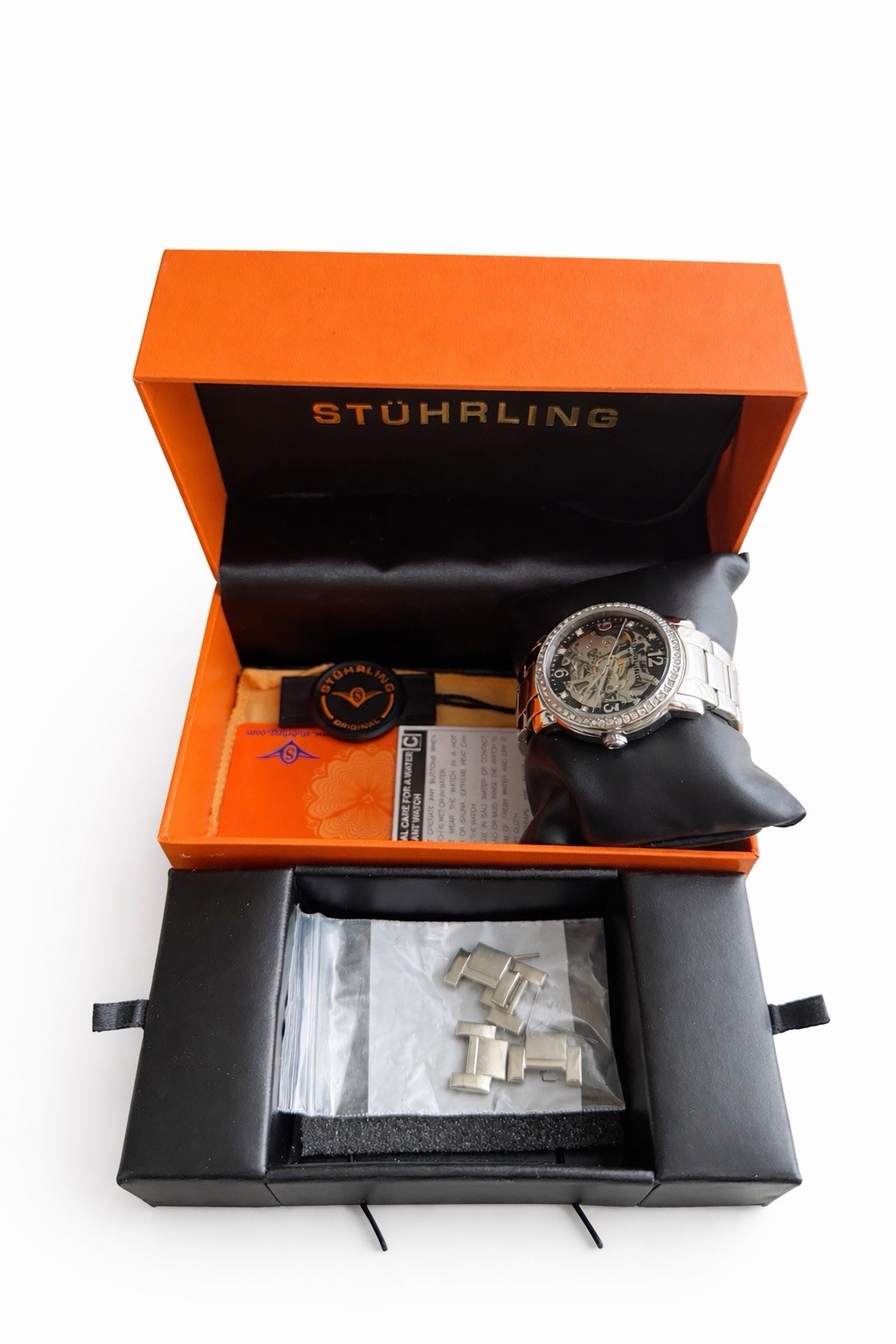 Stuhrling Skeleton Automatic Watch Steel Crystal Bezel w/ Box & Links