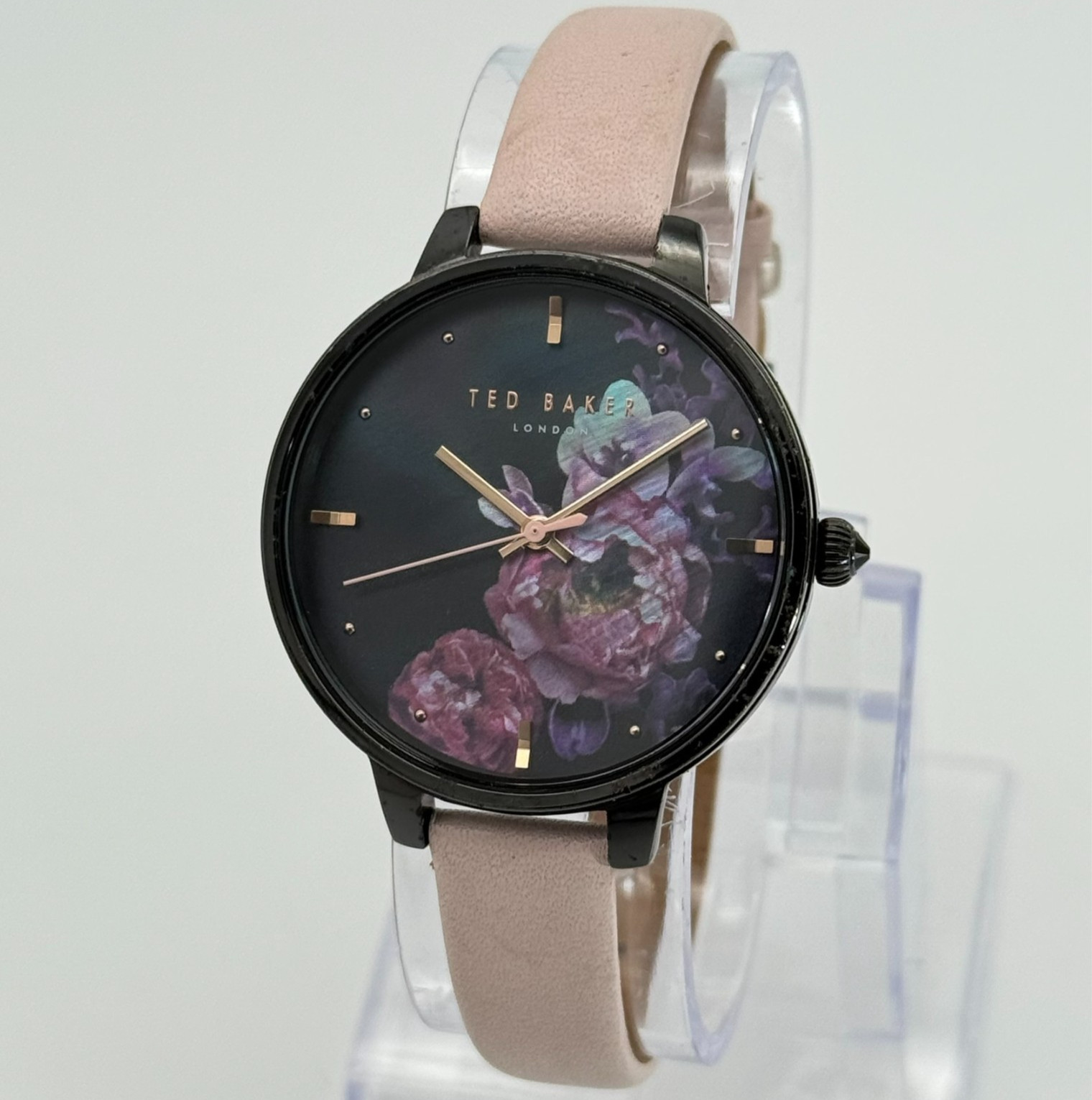 Women’s TED BAKER Black Floral Dial Watch, Pink Blush Leather Band, 36mm, Runs
