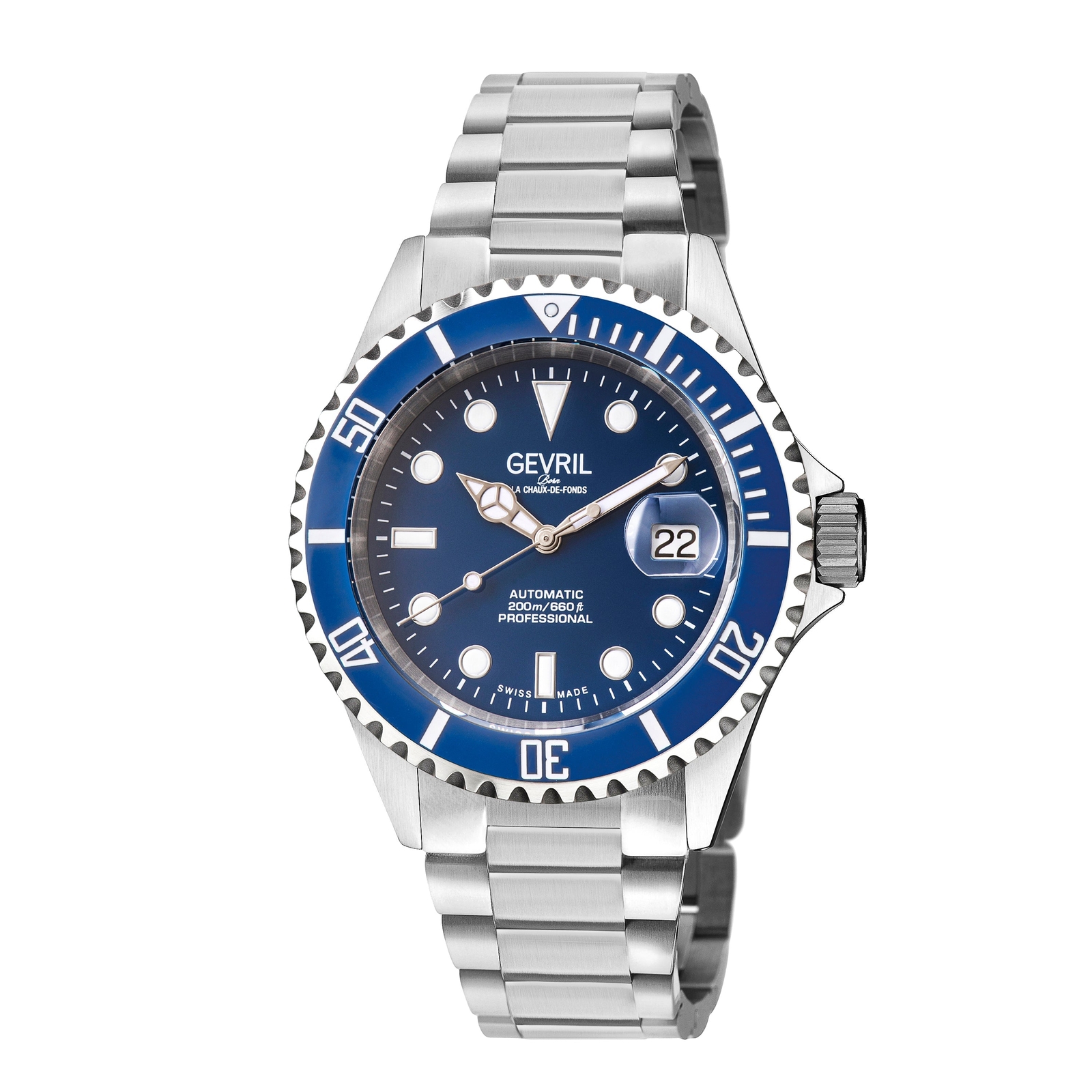 Gevril Men’s 4851A Wall Street Sellita Swiss Automatic Blue Ceramic Bezel Watch