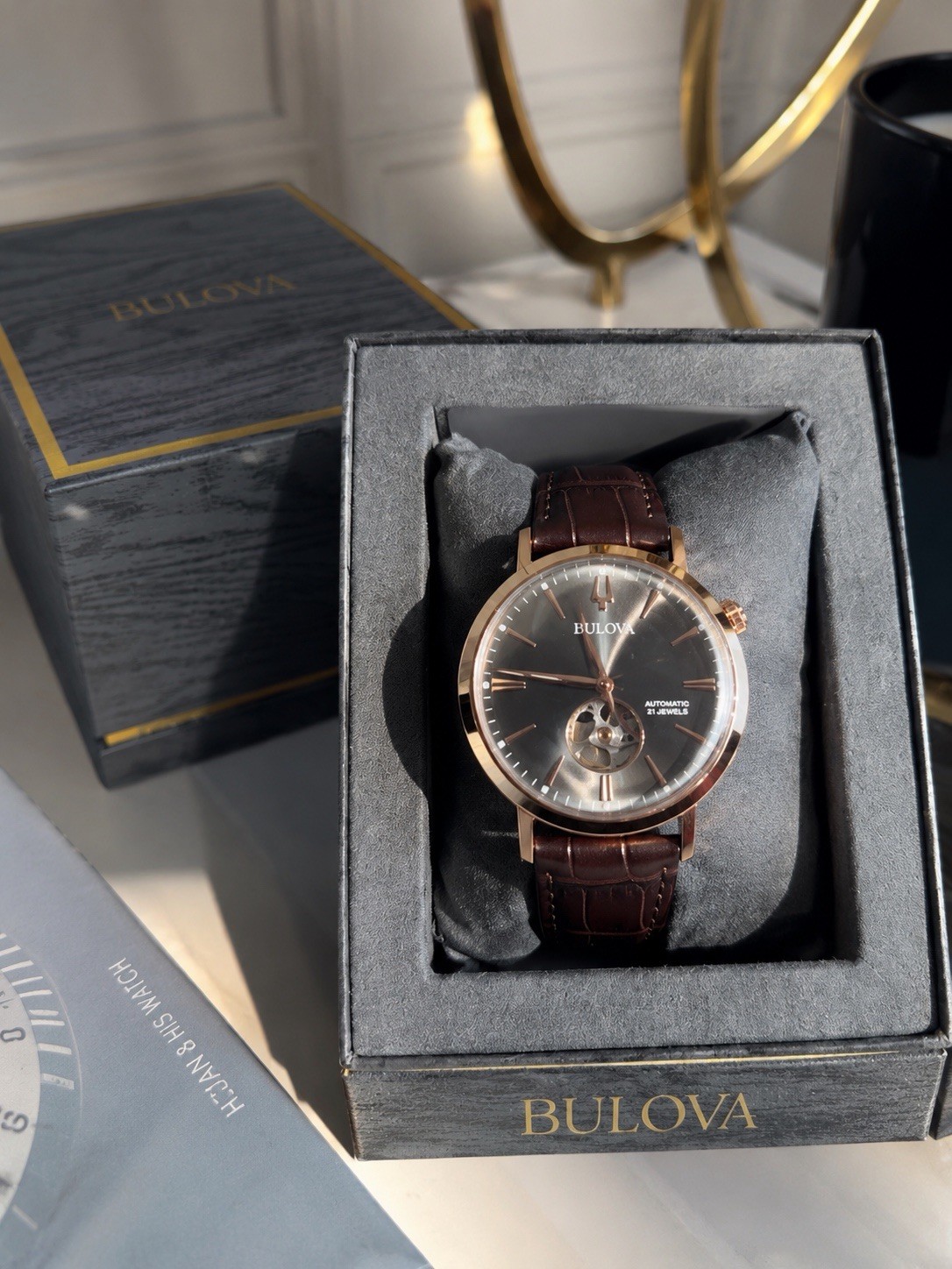 Bulova 150 Men’s Automatic Open Heart 21 Jewel Watch Brown Leather Black Dial