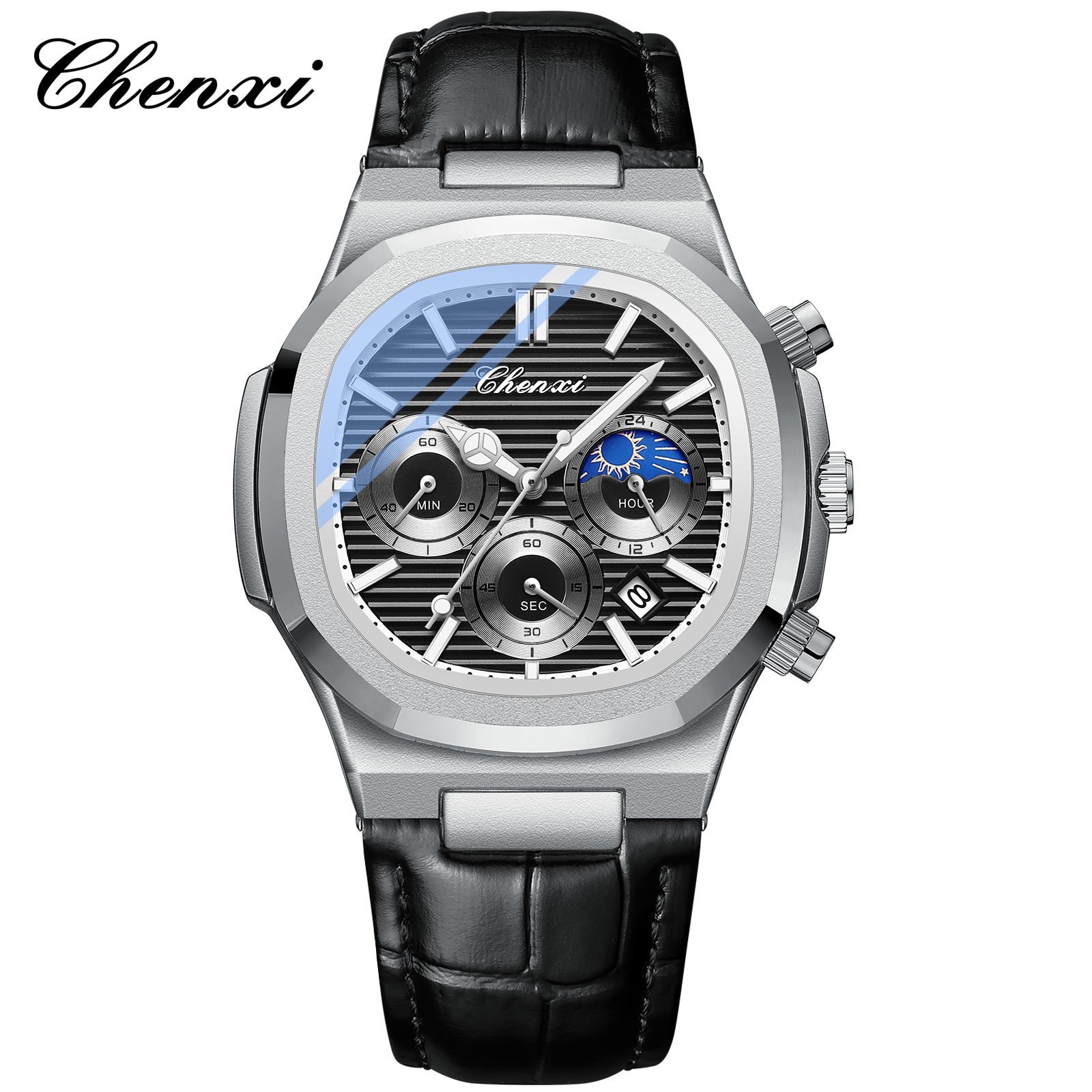 CHENXI Men’s Leather Multifunction Chronograph Calendar Moon Phase Quartz Watch