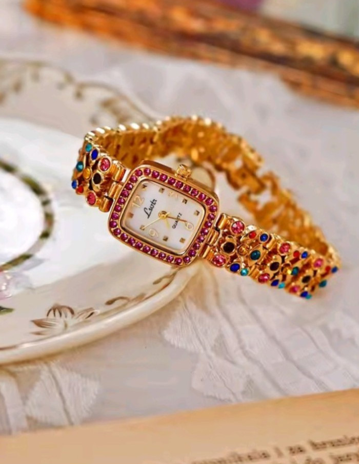 Women’s Luxury Colorful Rhinestone Square Quartz Watch Gold Bracelet Wristwatch