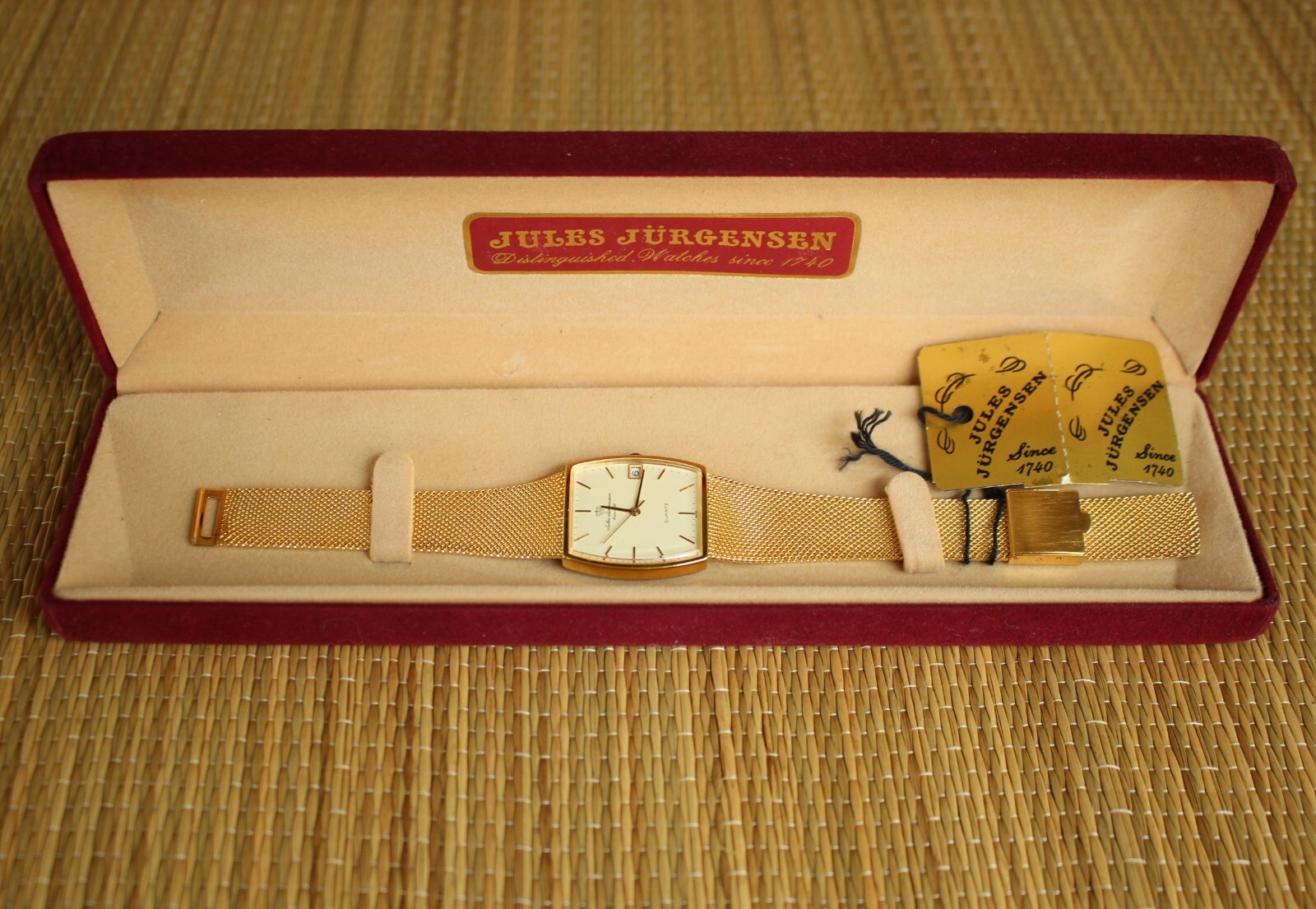 MINTY VINTAGE JULES JURGENSEN 3X GOLD CASE DATE DIAL MESH BRACELET WATCH BOX SET