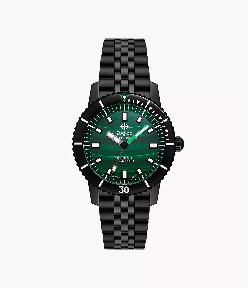 Zodiac Super Sea Wolf Auto Malachite Dial Black DLC Steel Bracelet Watch ZO9314