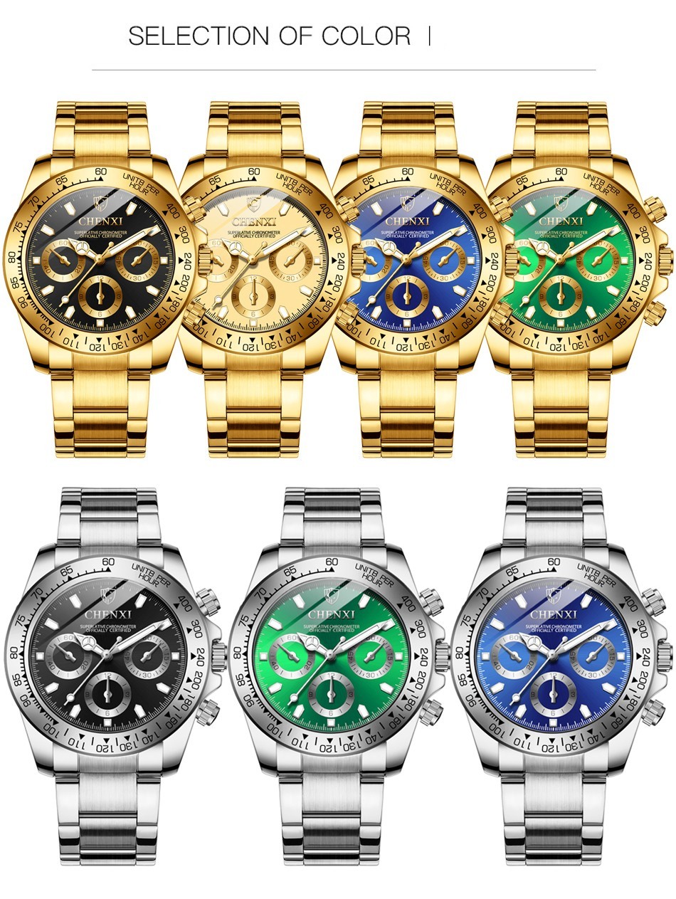 CHENXI Men’s Fake Decoration Dial Gold Steel Business Luminous Quartz Watch Gift