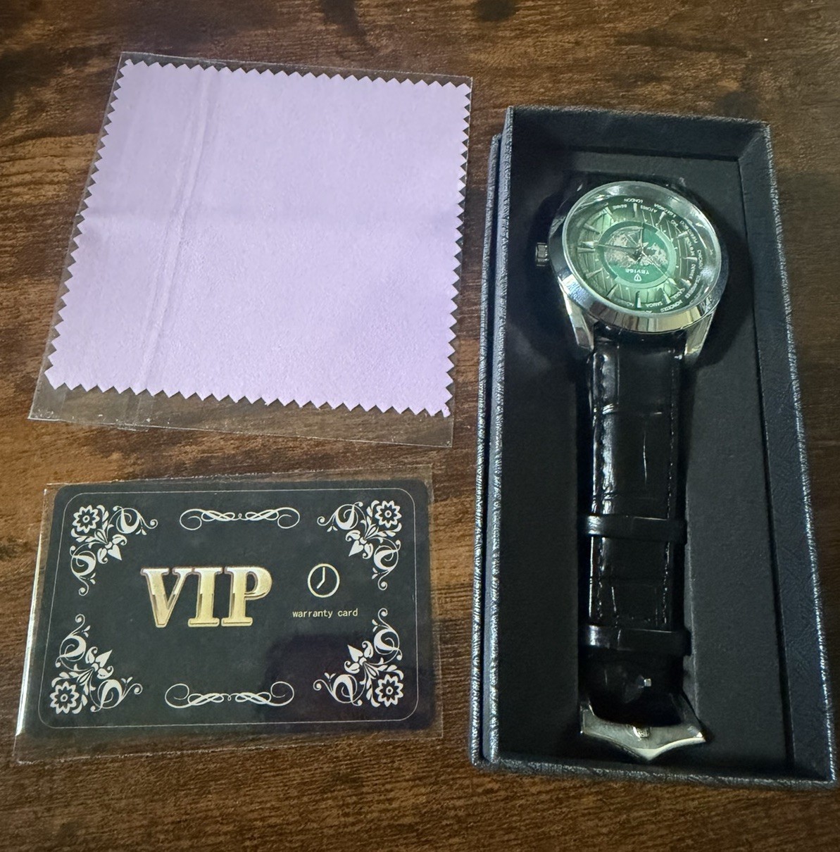 TEVISE Earth 795 Automatic 21 Jewels Green World Map Dial 43mm Leather Strap